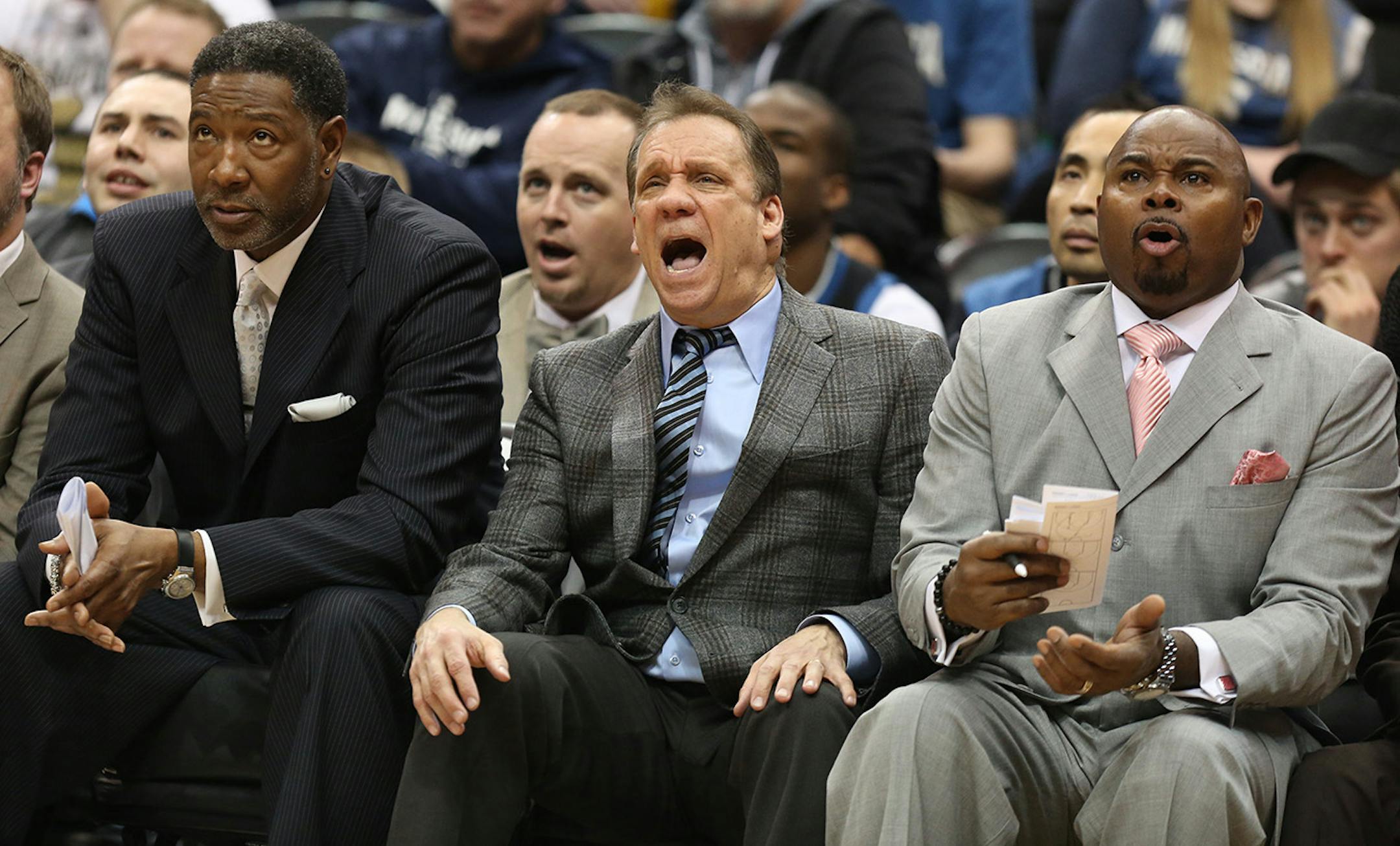 The Wolves head coach Flip Saunders yelled for a foul during the second half. ] (KYNDELL HARKNESS/STAR TRIBUNE) kyndell.harkness@startribune.com Timberwolves vs San Antonio at the Target Center in Minneapolis Min., Saturday, January 10, 2014. Spurs won over the Wolves 108-93.