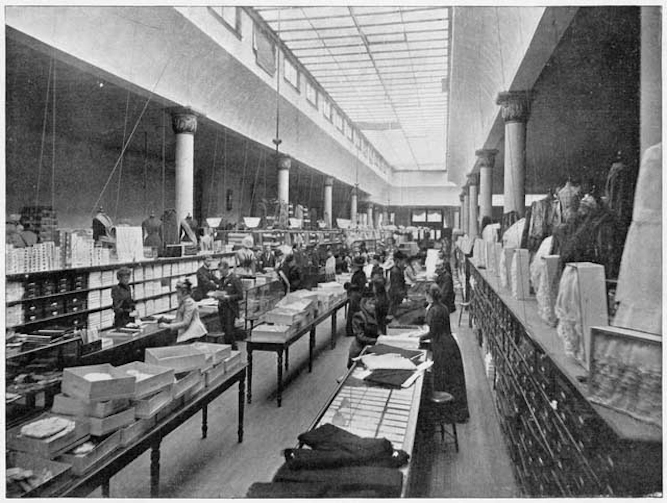 Interior of the Field, Mahler store in the Grand Arcade, c. 1890. The long skylight was one of two that brought daylight into the arcade.