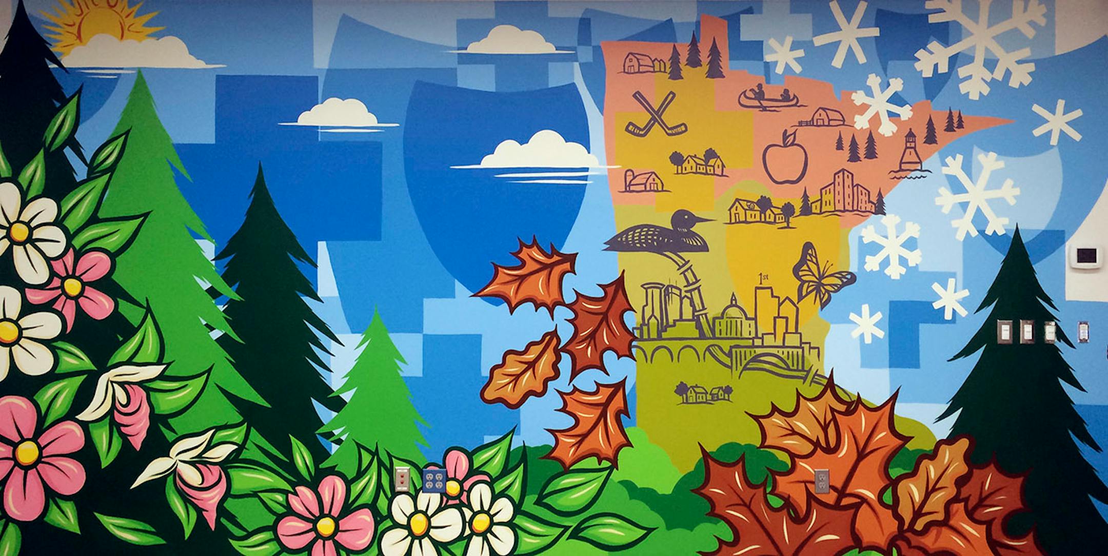The everywhere artist, Adam Turman, His clean, dynamic murals crawl up the sides of breweries, in elementary schools, the lobby of downtown Minneapolis' hip, new hotel. He boasts T-shirts and pint glasses and posters. He's even created a jigsaw puzzle.