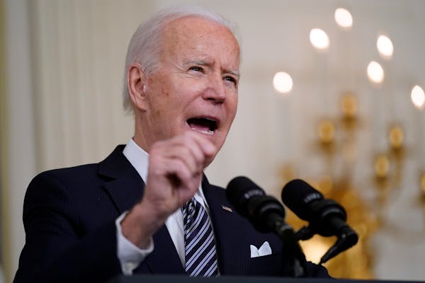 President Joe Biden speaks about the COVID-19 relief package in the State Dining Room of the White House, Monday, March 15, 2021, in Washington. (AP P