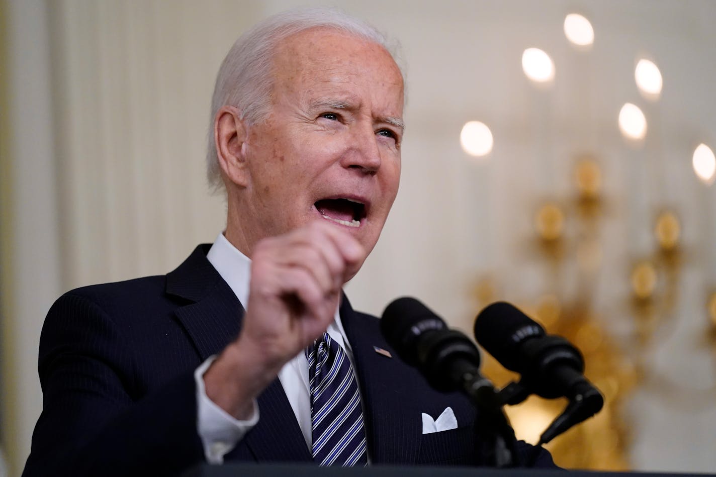 President Joe Biden speaks about the COVID-19 relief package in the State Dining Room of the White House, Monday, March 15, 2021, in Washington. (AP Photo/Patrick Semansky)