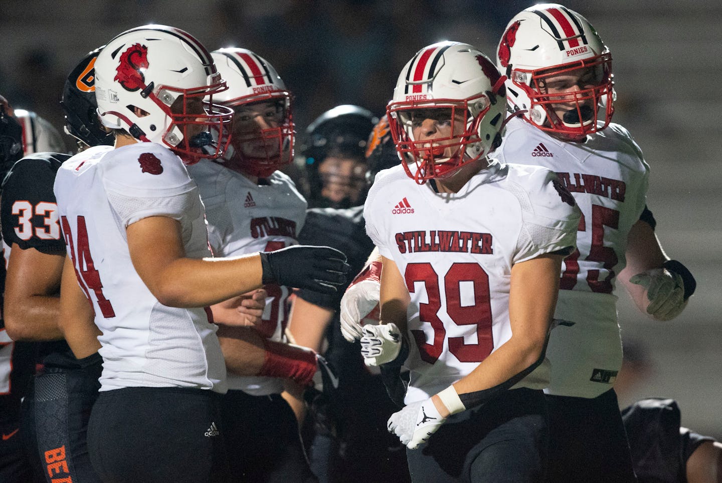 Stillwater running back Edward O'Keefe (39) celebrated after scoring a touchdown in the second quarter. ]