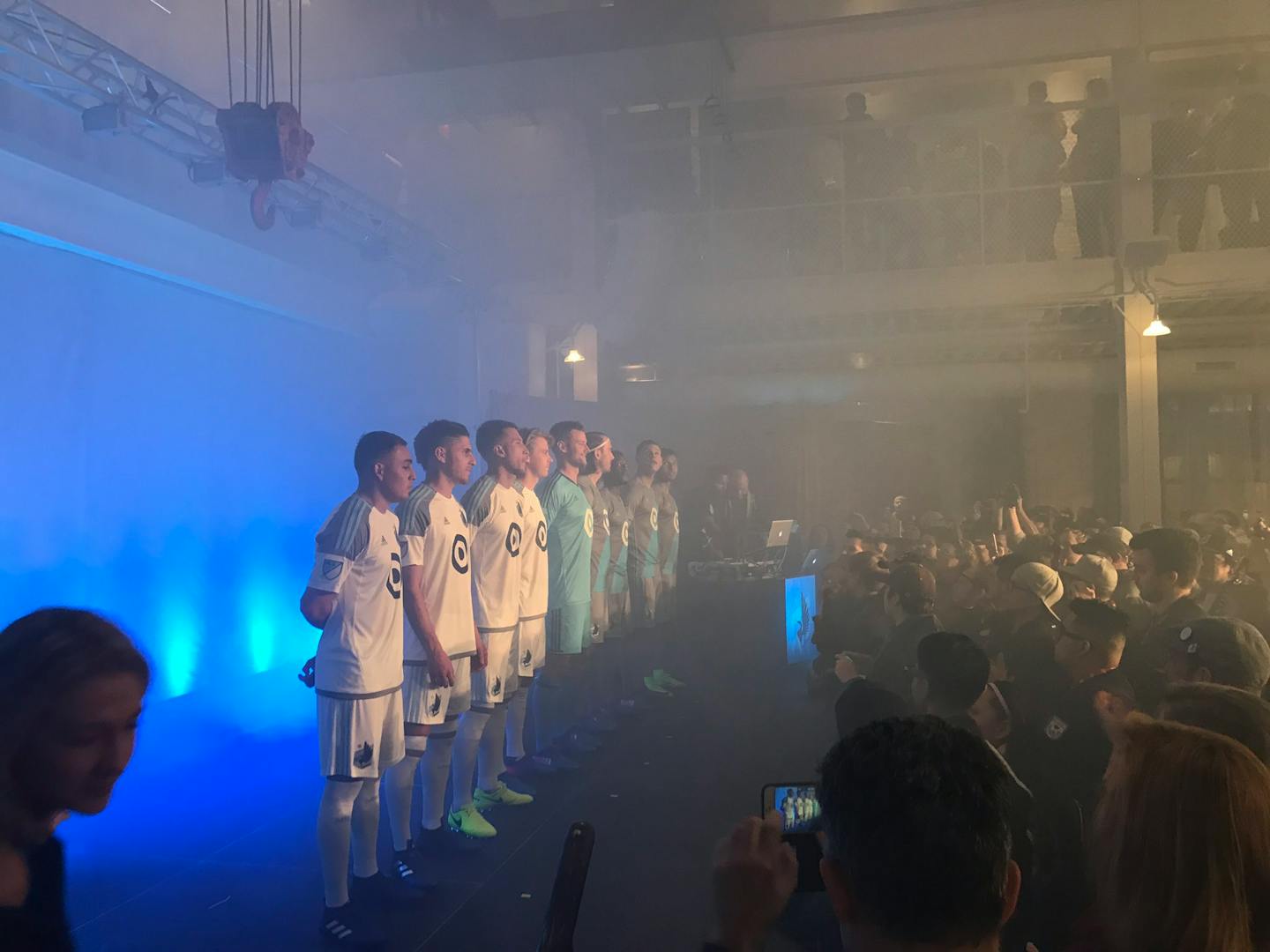 Minnesota United FC players model the team's official home and away kits at a reveal party Friday night in Minneapolis.