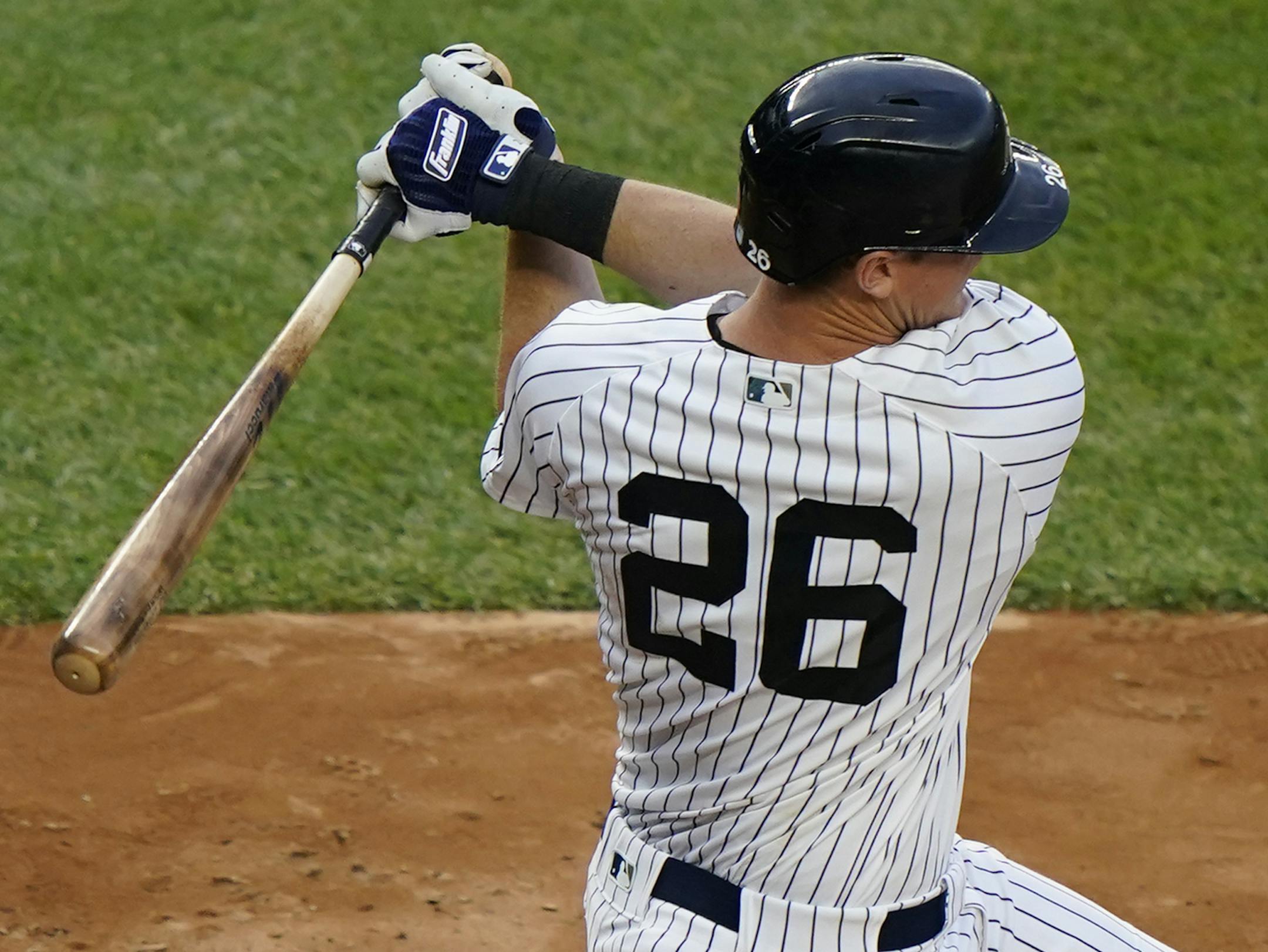 New York Yankees DJ LeMahieu bats during the seventh inning of a baseball game against the Miami Marlins, Sunday, Sept. 27, 2020, at Yankee Stadium in New York. LeMahieu is in line to win the American League batting title. (AP Photo/Kathy Willens)