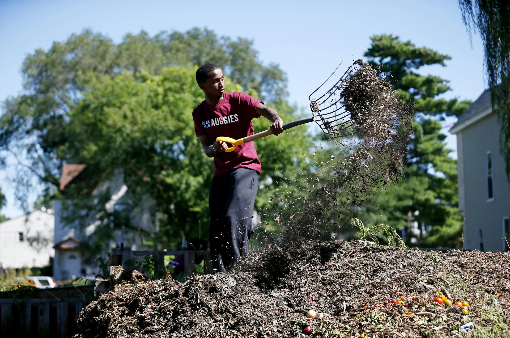 Guled Ali a freshman biology major at Augsburg College separated compost at Stones Throw Urban Farm Tuesday September 2 , 2014 in Minneapolis MN . More than 500 Augsburg students, faculty, and even the President will be doing service projects at 21 different organizations as the kick off to the college school year. ] Jerry Holt Jerry.holt@startribune.com