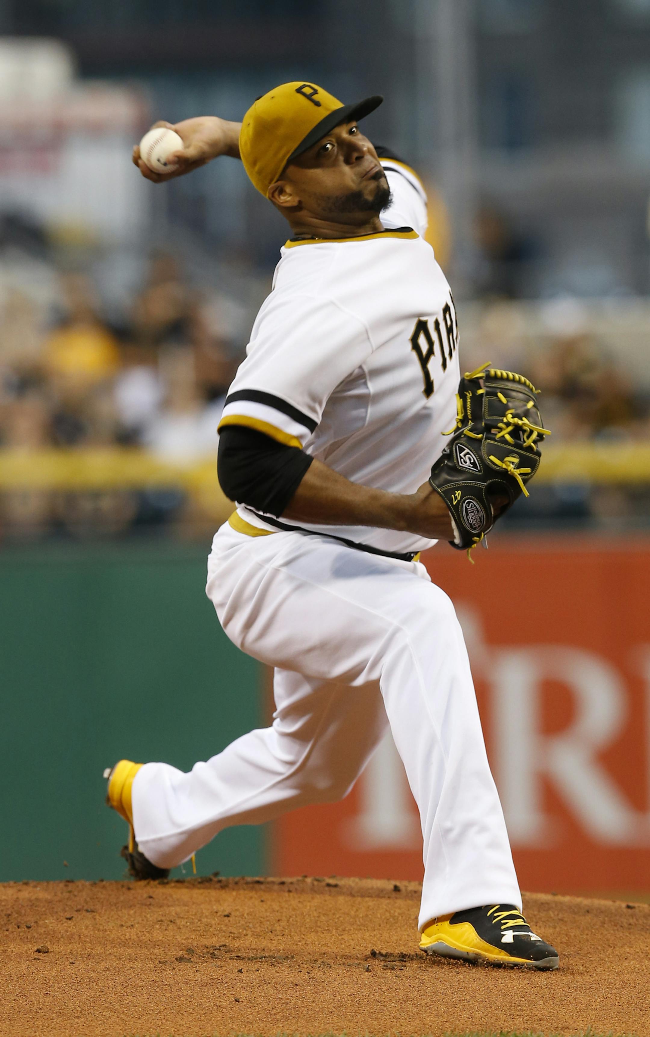 Pittsburgh Pirates starting pitcher Francisco Liriano throws against the St. Louis Cardinals in the first inning of the baseball game between the Pittsburgh Pirates and the St. Louis Cardinals, Sunday, July 12, 2015, in Pittsburgh. (AP Photo/Keith Srakocic)