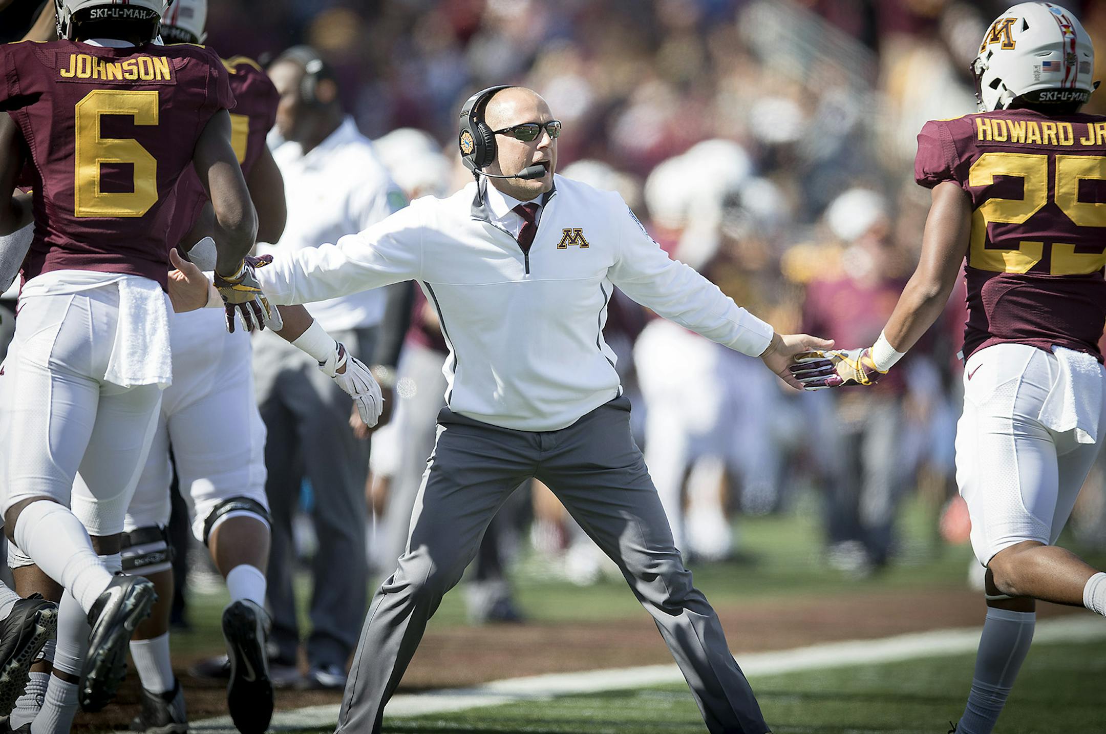 Minnesota's Head Coach P. J. Fleck celebrated a second quarter touchdown on the sidelines as the Gophers took on Maryland at TCF Bank Stadium, Saturday, September 30, 2017 in Minneapolis, MN. ] ELIZABETH FLORES &#xef; liz.flores@startribune.com