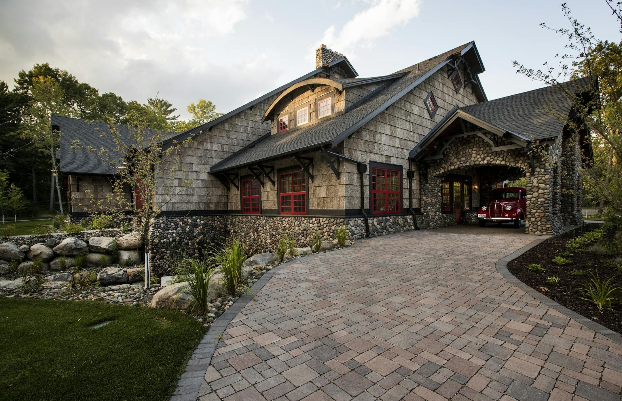 An exterior view of the storage facility built for the boat and auto collection of John Allen in Lake Shore, MN.
