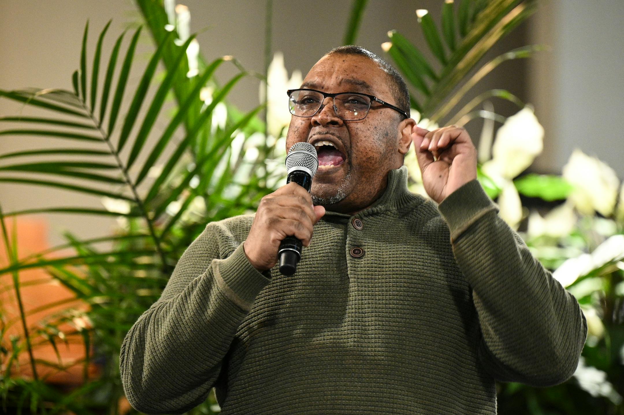 Paul Greer, stepdad of Zaria McKeever, voices frustration toward Attorney General Keith Ellison and Hennepin County Attorney Mary Moriarty during the community meeting at Shiloh Temple Wednesday.