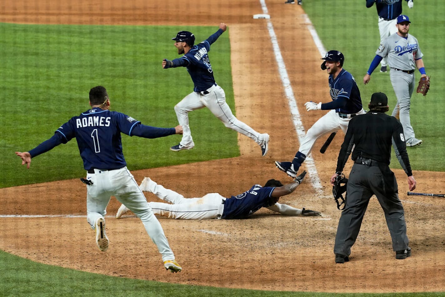 The scene at home plate after the Rays defeated the Dodgers in Game 4 on Saturday night.