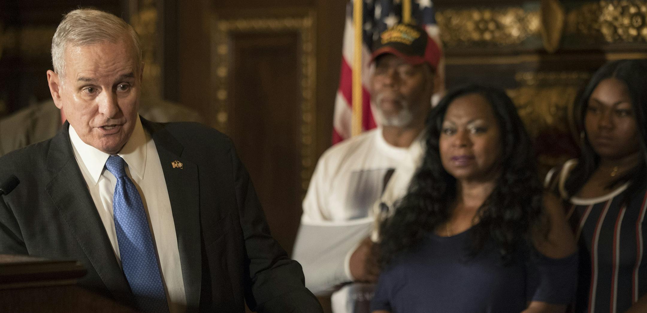 Governor Mark Dayton announced that a $12 million funding for the "Philando Castile Law Enforcement Training Fund" one year after Castile was killed Thursday July 6, in St. Paul, MN. ] JERRY HOLT ï jerry.holt@startribune.com ORG XMIT: MIN1707061103410019