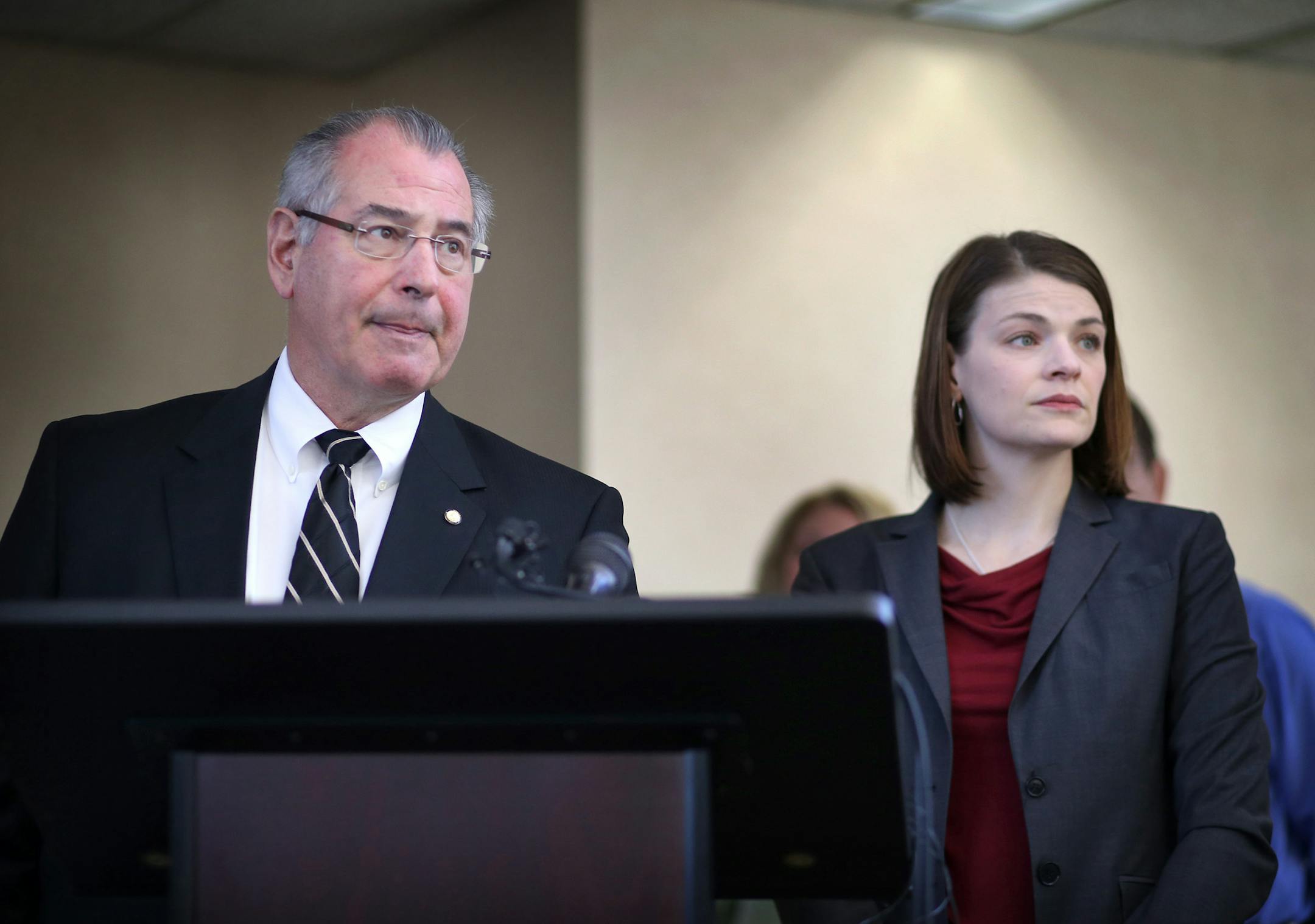 Minnesota Department of Revenue Commissioner Cynthia Bauerly and Hennepin County Attorney Mike Freeman announced more than 50 charges against a tax preparer who bilked the state out of more than $1.7 million in tax revenues by submitting fraudulent tax returns on behalf of clients. Here, Freeman addressed media members as Bauerly looked on at the Government Center Thursday, Feb. 5, 2015, in Minneapolis, MN.](DAVID JOLES/STARTRIBUNE)djoles@startribune.com Department of Revenue Commissioner Cynthi