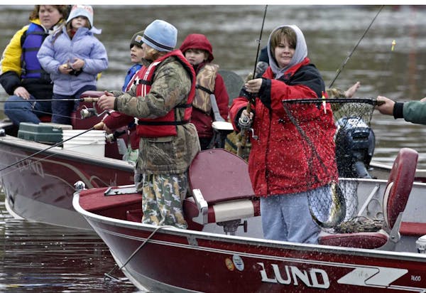 People bundled up against the cold as they fished from their boats. Here Tami Zortman hauls in a walleye.
