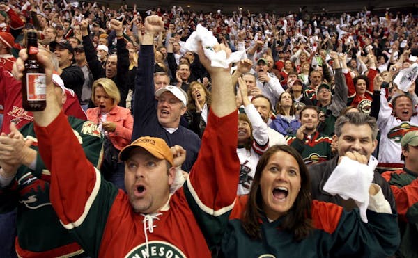 Wild fans celebrated after goaltender Niklas Backstrom blocked a penalty shot in the 2008 NHL playoffs.