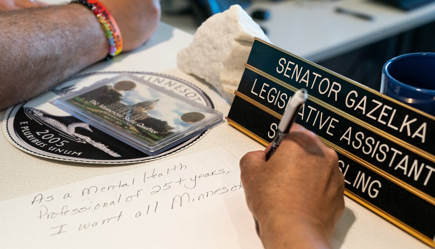 Members of OutFront Minnesota and conversion &#x201c;therapy&#x201d; survivors told their stories at a rally outside Senator Paul Gazelka's office. They also wrote personal messages to give to him. ] GLEN STUBBE &#x2022; glen.stubbe@startribune.com Wednesday, May 15, 2019 Conversion therapy ban language expected to come up in a budget committee discussion of a health and human services bill. It's expected to fail to make it in the bill, over a disagreement between Dems and Republicans over langu