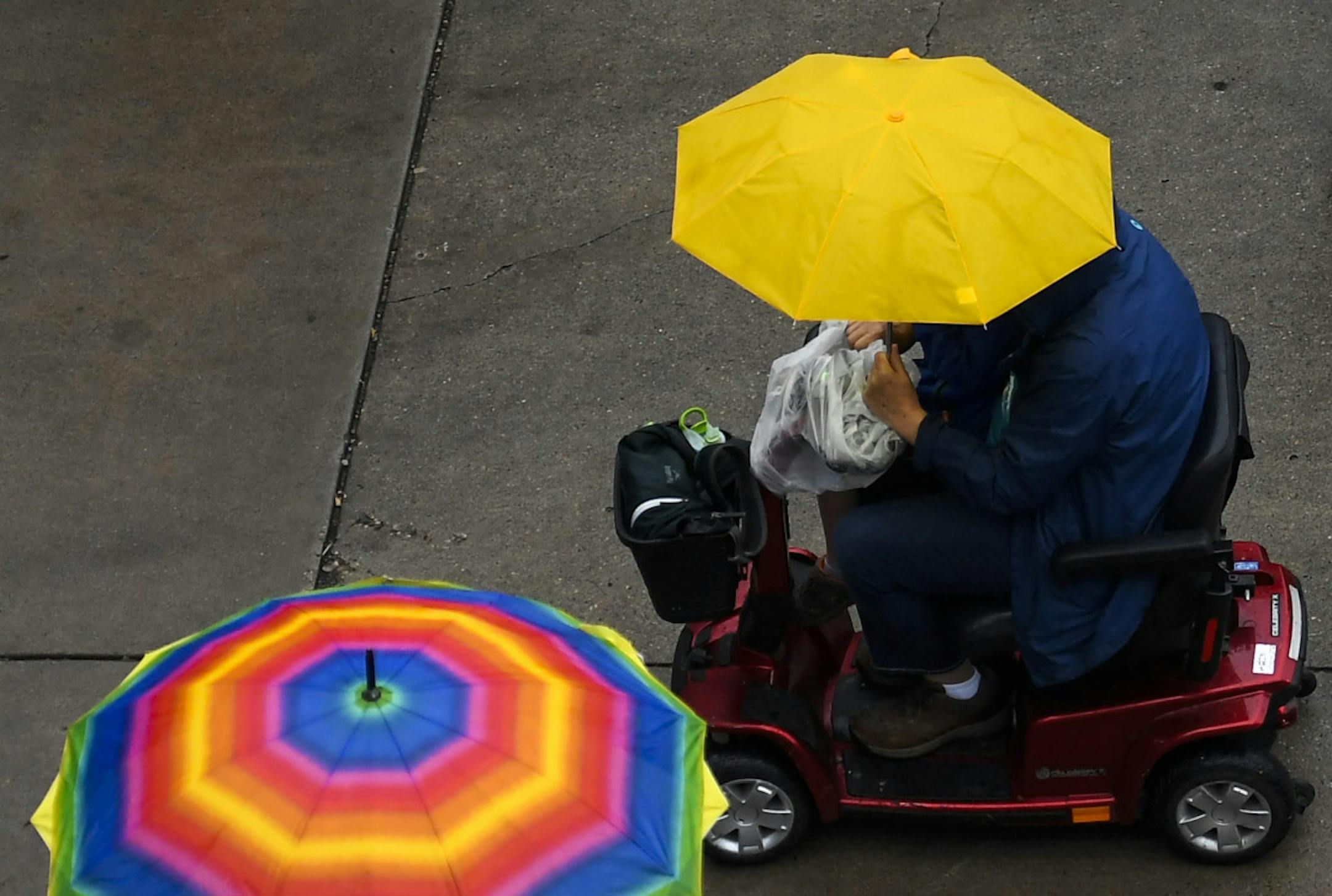 Umbrellas popped up on a rainy fair day near the Grandstand.
