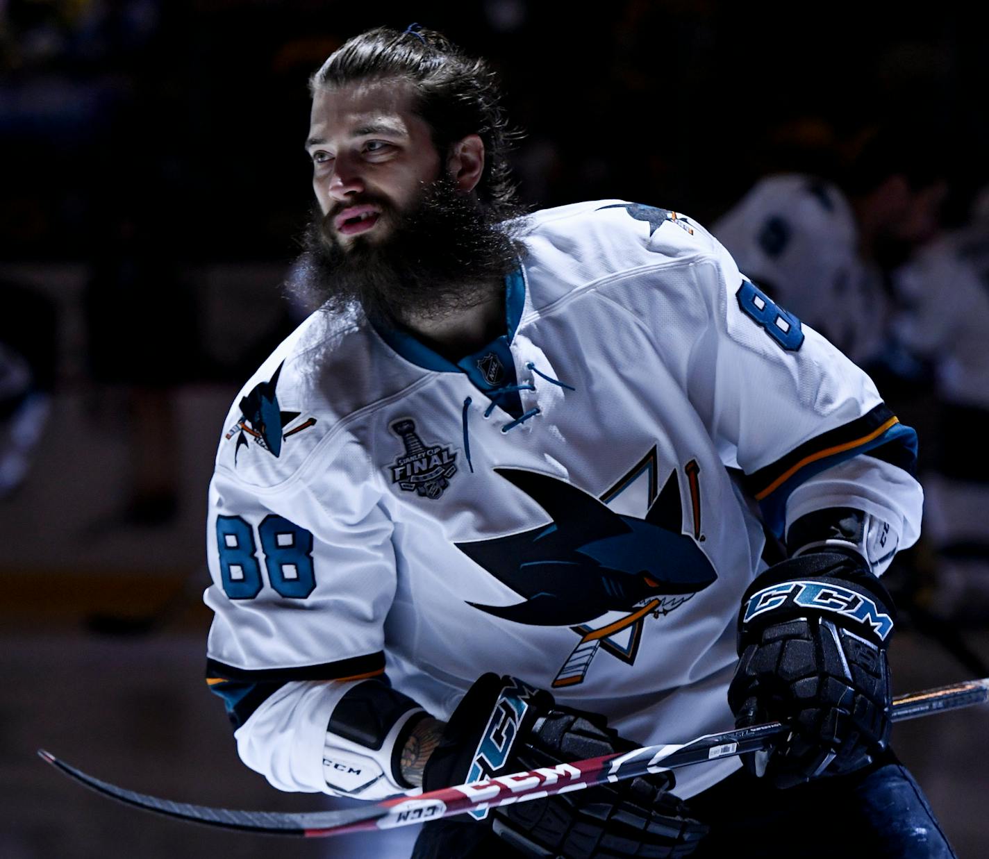 1 June 2016: San Jose Sharks defenseman Brent Burns (88) skates in the spotlight before Game Two in the 2016 NHL Stanley Cup Final between the San Jose Sharks and the Pittsburgh Penguins at the Consol Energy Center in Pittsburgh, Pennsylvania. (Photo by Jeanine Leech/Icon Sportswire) (Icon Sportswire via AP Images) ORG XMIT: 264377