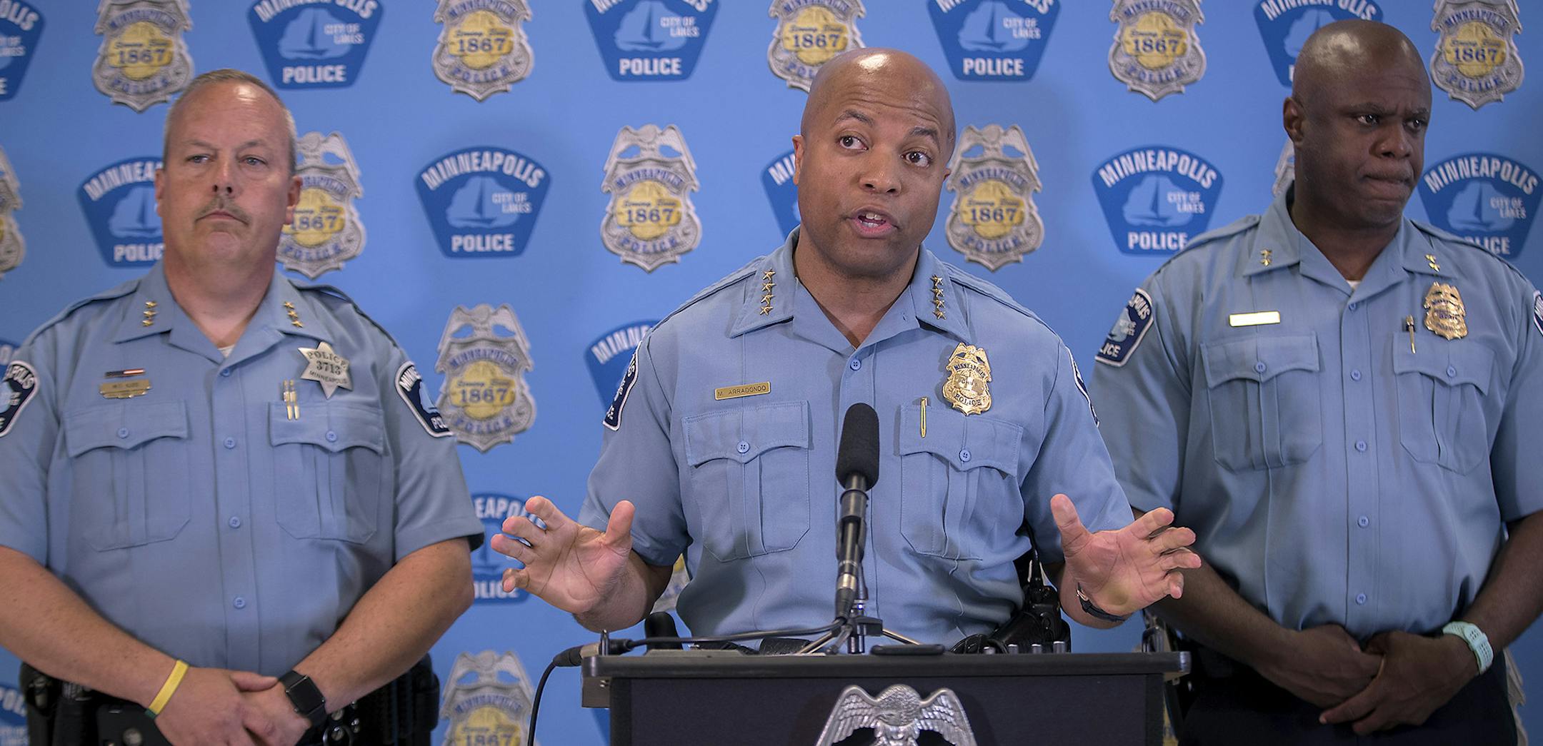 Minneapolis Police Chief Medaria Arradondo addressed the media at City Hall, Thursday, June 7, 2018 in Minneapolis, MN. The press conference was regarding the halt of a sting operation in downtown Minneapolis in which they have been arresting people who sell marijuana to undercover cops. Forty-six of the 47 people arrested are black. ] ELIZABETH FLORES ï eflores@startribune.com