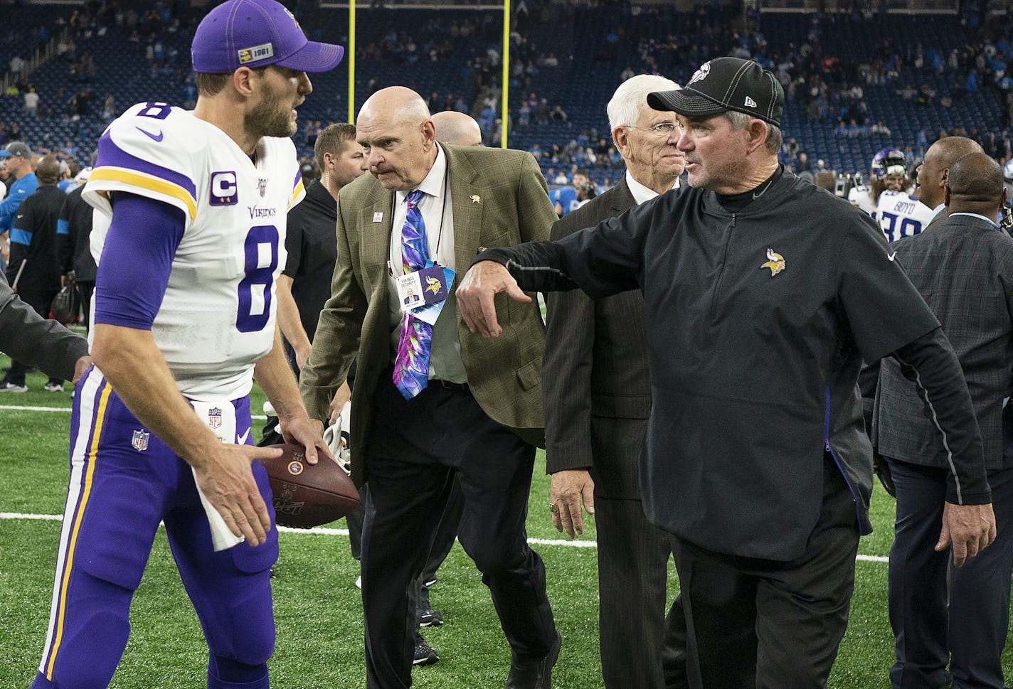 Minnesota Vikings head coach Mike Zimmer celebrated their win with Minnesota Vikings quarterback Kirk Cousins (8) at Ford Field.] Jerry Holt &#x2022; Jerry.holt@startribune.com The Minnesota Vikings beat the Detroit Lions 42-30 at Ford Field Sunday Oct. 20, 2019. Detroit, MI. Jerry Holt