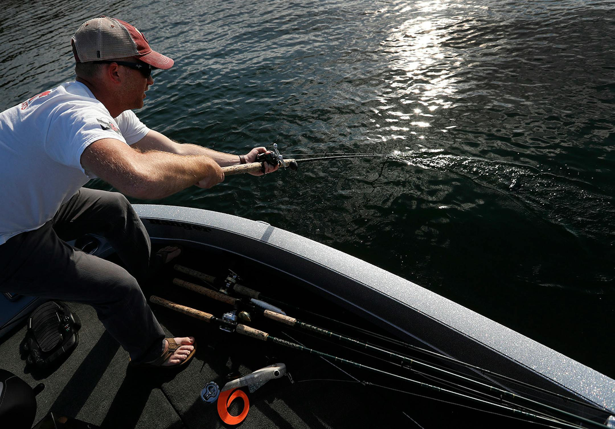 Fishing guide Travis Frank made a figure eight pattern with his lure in the hopes of attracting a Muskie in Lake Waconia.