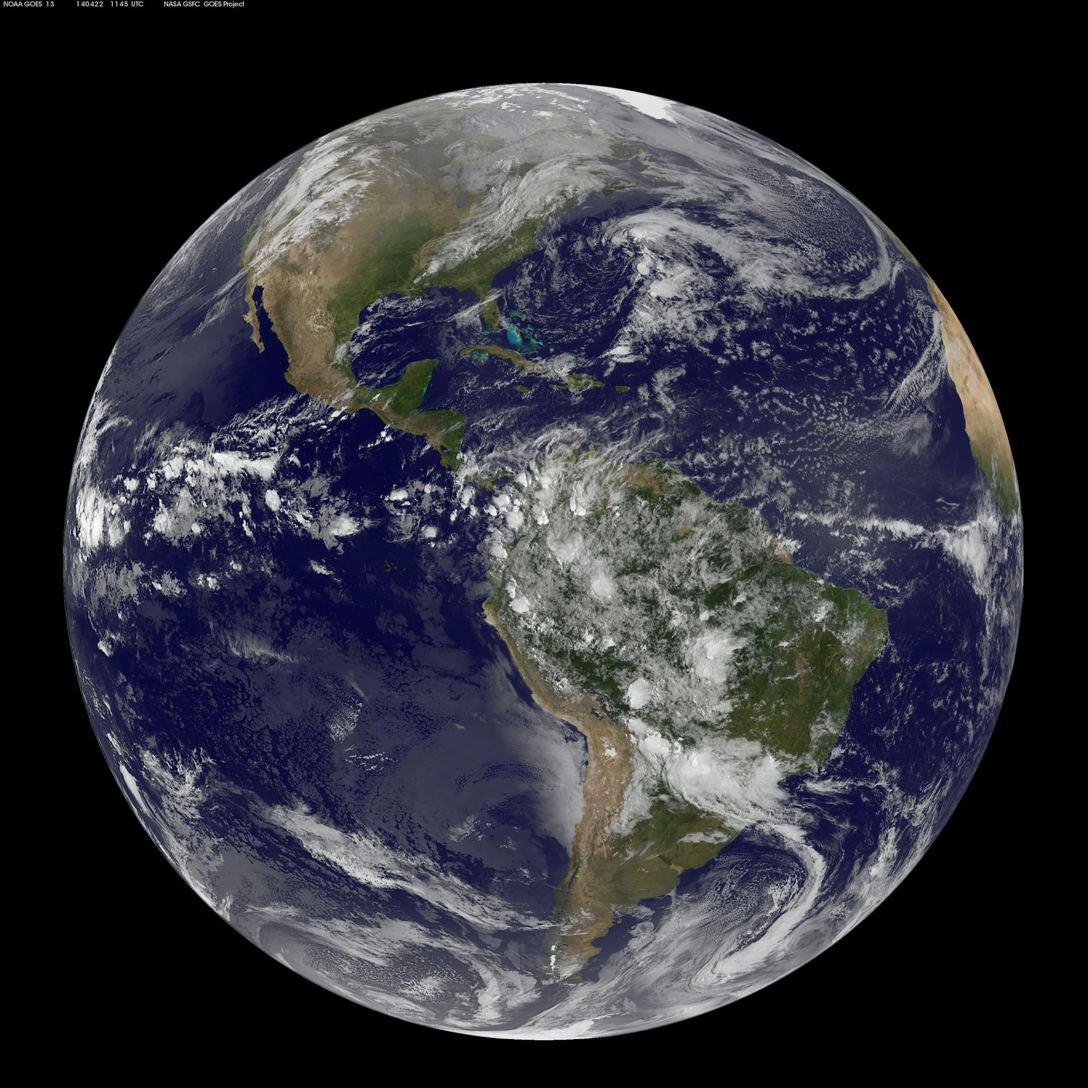 Today, April 22, 2014 is Earth Day, and what better way to celebrate than taking a look at our home planet from space. NOAA's GOES-East satellite captured this stunning view of the Americas on Earth Day, April 22, 2014 at 11:45 UTC/7:45 a.m. EDT. The data from GOES-East was made into an image by the NASA/NOAA GOES Project at NASA's Goddard Space Flight Center in Greenbelt, Md. (NASA/MCT) ORG XMIT: 1152017