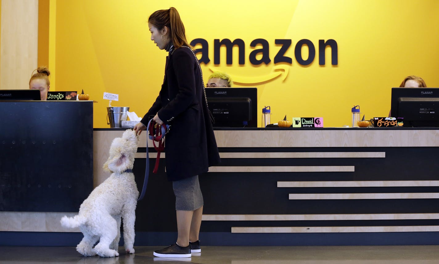 FILE - In this Wednesday, Oct. 11, 2017, file photo, an Amazon employee gives her dog a biscuit as the pair head into a company building, where dogs are welcome, in Seattle. Amazon announced Thursday, Jan. 18, 2018, that it has narrowed its hunt for a second headquarters to 20 locations, concentrated among cities in the U.S. East and Midwest. Toronto made the list as well, keeping the company&#xed;s international options open. (AP Photo/Elaine Thompson, File)