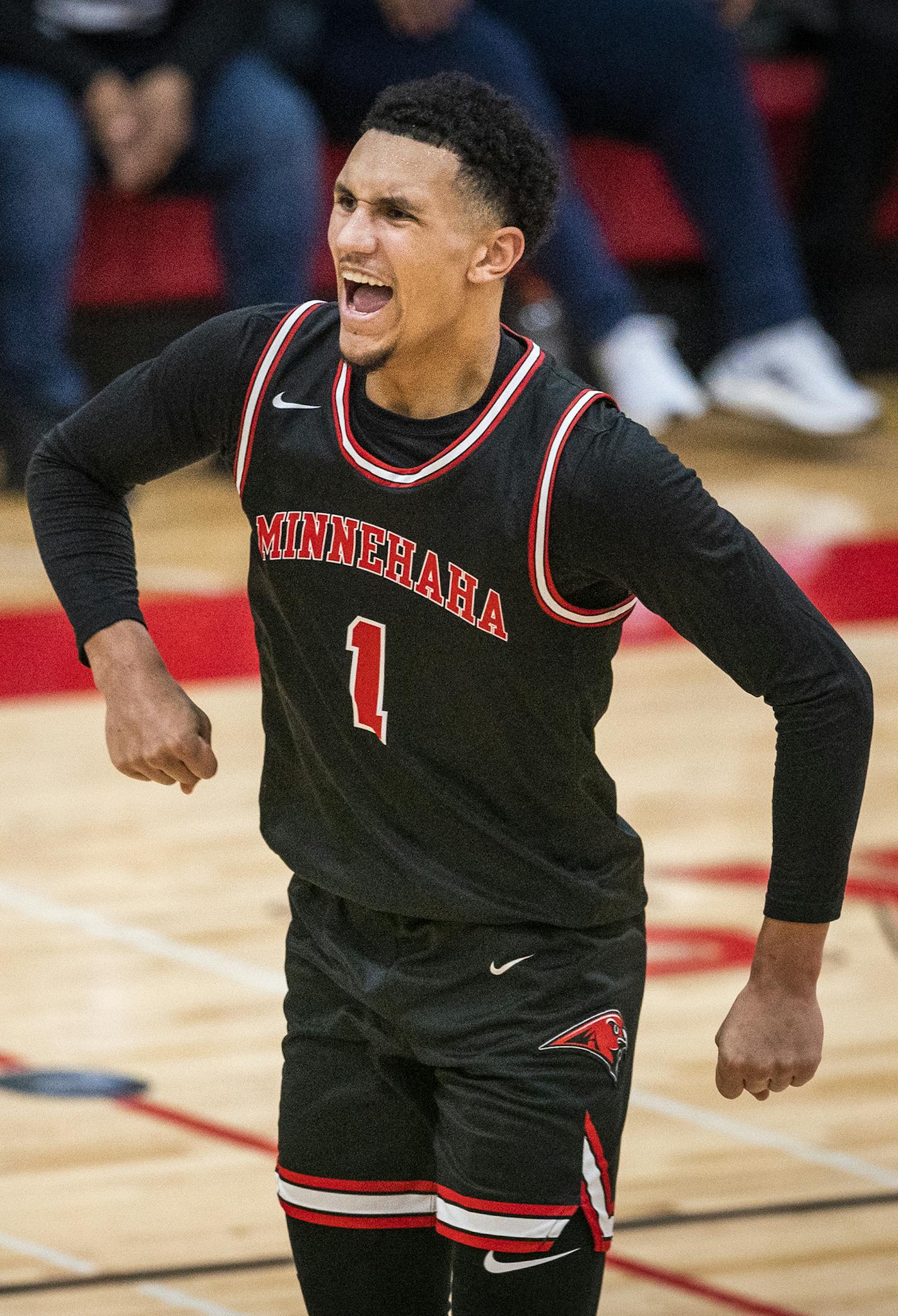 Minnehaha Academy's Jalen Suggs celebrated a play during a game against Minneapolis North. ] LEILA NAVIDI • leila.navidi@startribune.com BACKGROUND INFORMATION: Minnehaha Academy boys basketball team played against Minneapolis North at Minnehaha Academy Upper School in Minneapolis on Thursday, February 27, 2020.