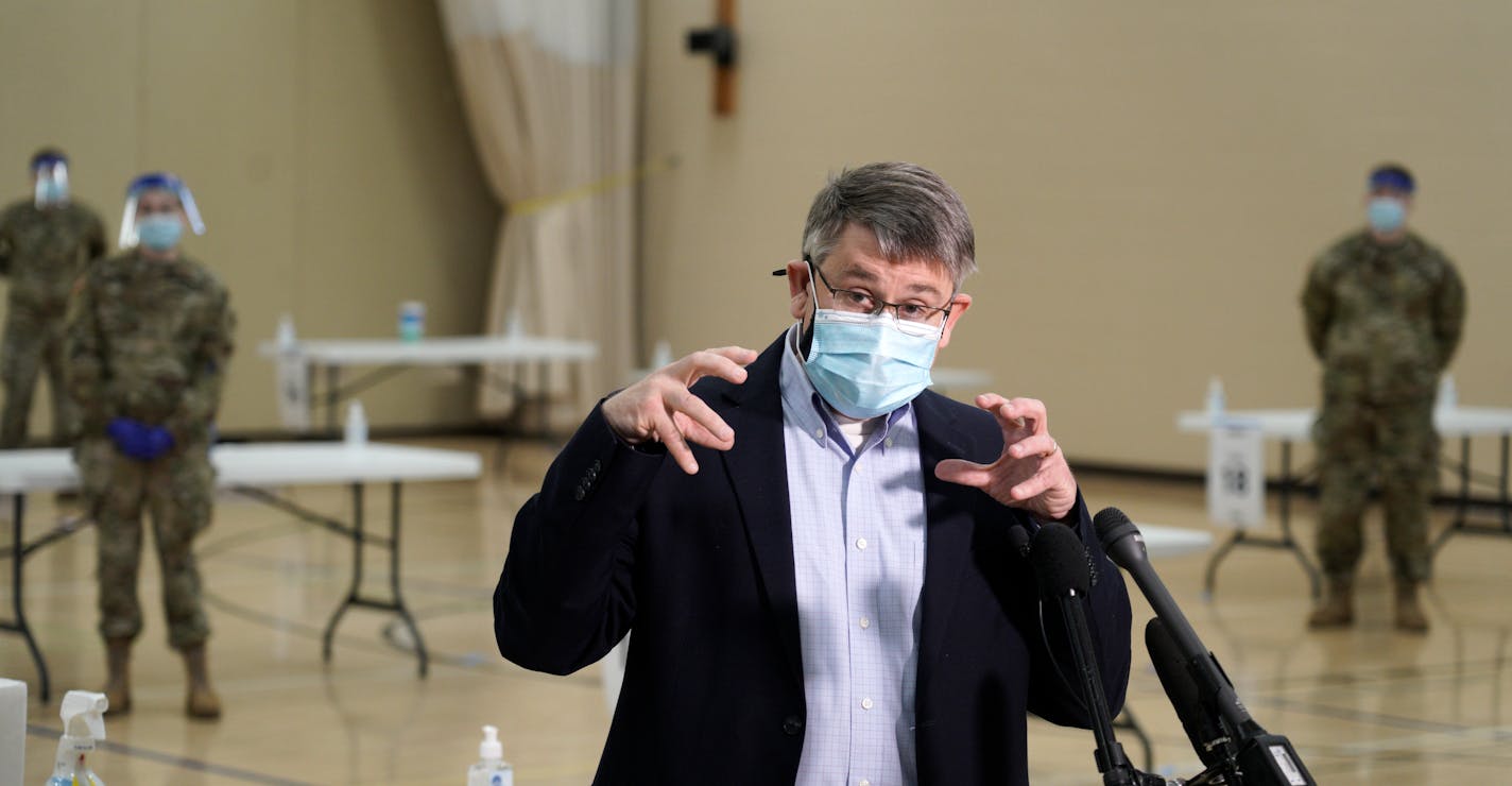 Assistant Commissioner of Health Daniel Huff spoke to the media at the temporary Carver County COVID-19 Testing Site at the Chanhassen Recreation Center. The state is recommending testing in Carver County in response to a rapidly growing outbreak of B117 variant COVID-19.