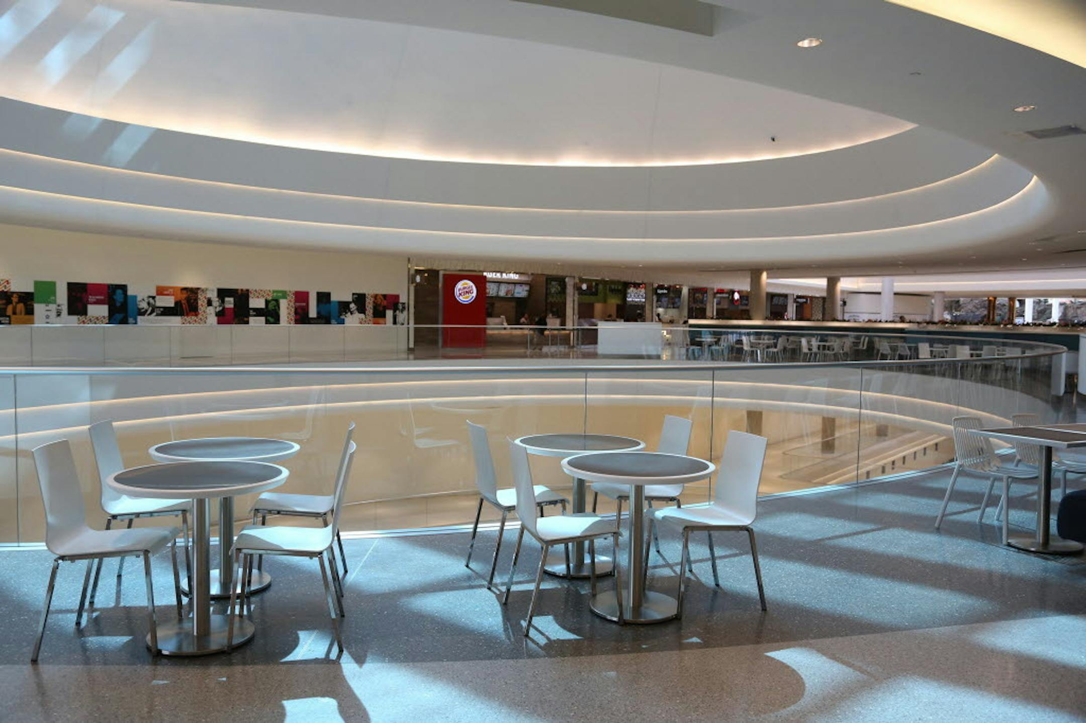 The new wing at the Mall of America has some seating around natural light areas.