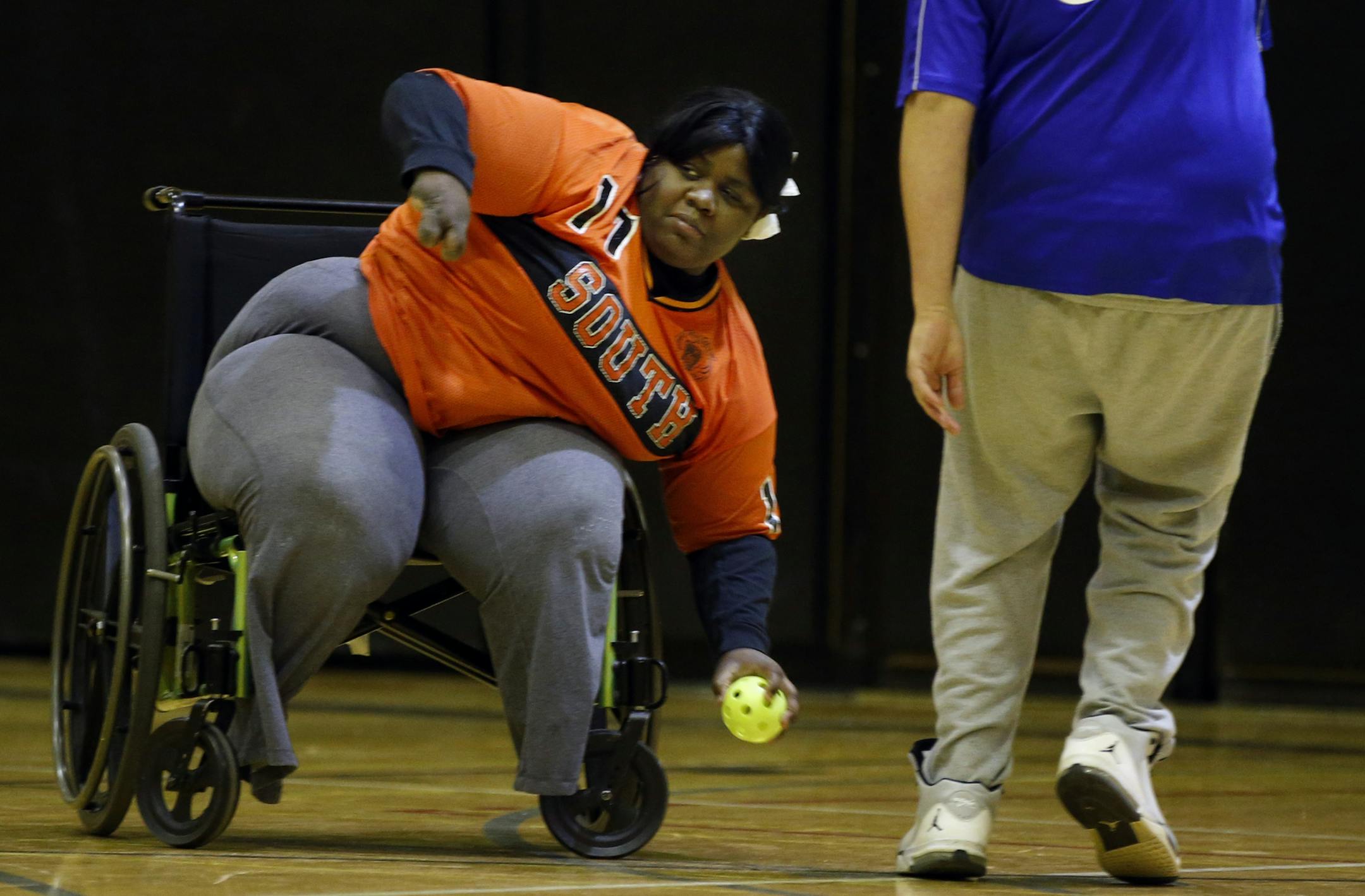 Becky Moore, Athena Award winner from Minneapolis South, plays in an adapted softball game at South HS.] Richard Tsong-Taatarii/rtsong-taatarii@startribune.com