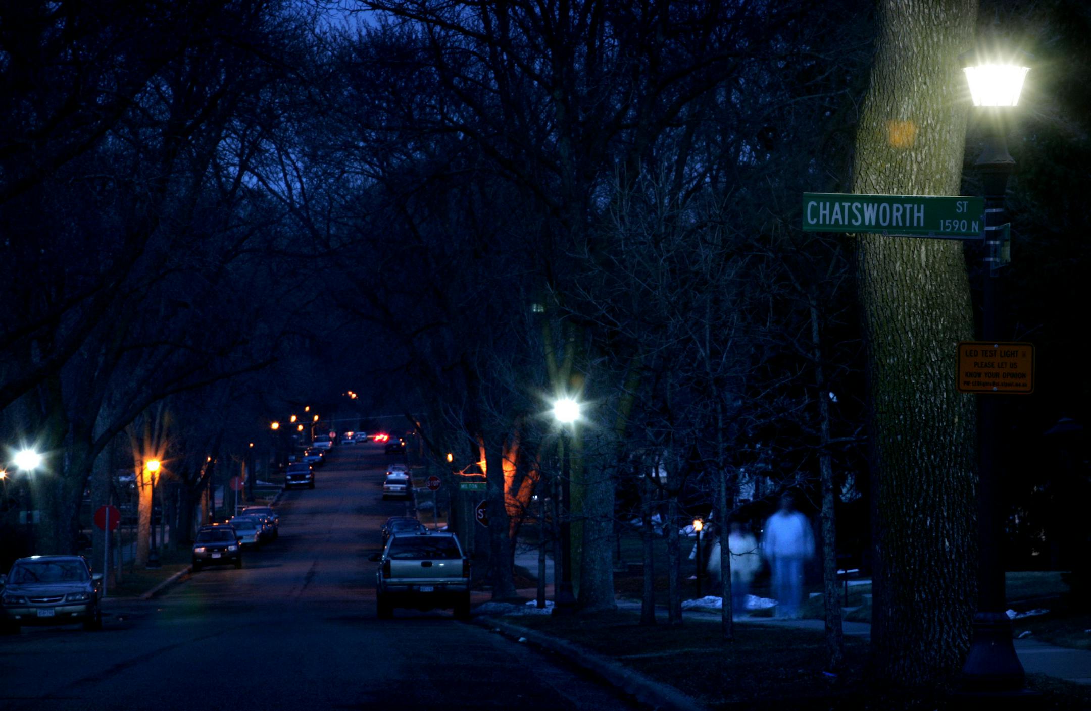 JENNIFER SIMONSON ‚Ä¢ jsimonson@startribune.com St. Paul, MN-Apr. 5, 2008] One block of Iowa Avenue, between Chatsworth and Milton streets, is lit with LED streetlights. The lights are brighter and supposedly save on energy costs. The project is a test to see how residents like the lights and whether the lights might be suitable elsewhere in the city. ORG XMIT: MIN2013062015533652