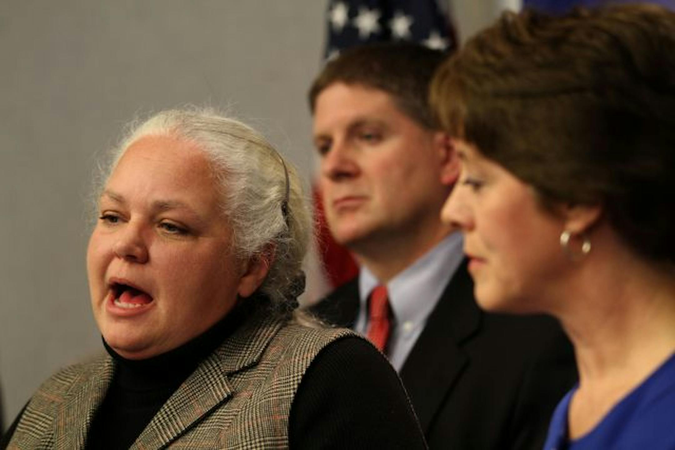 (left to right) Rep. Mary Liz Holberg, chair of the house ways and means committee, Speaker Kurt Zellers and Sen. Claire Robling, finance chair talked about an early action budget bill to reduce the state deficit by 1 billion dollars, during a press conference at the state capitol.