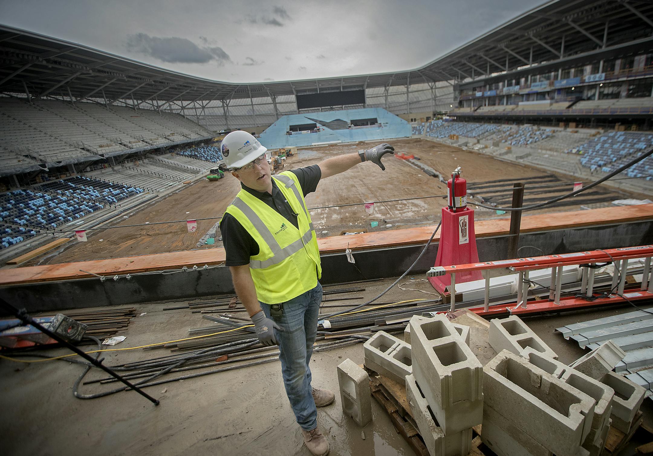 Greg Huber, Allianz Field project manager, gave a tour of the new soccer stadium Tuesday in St. Paul. Sod is due to be laid in October.