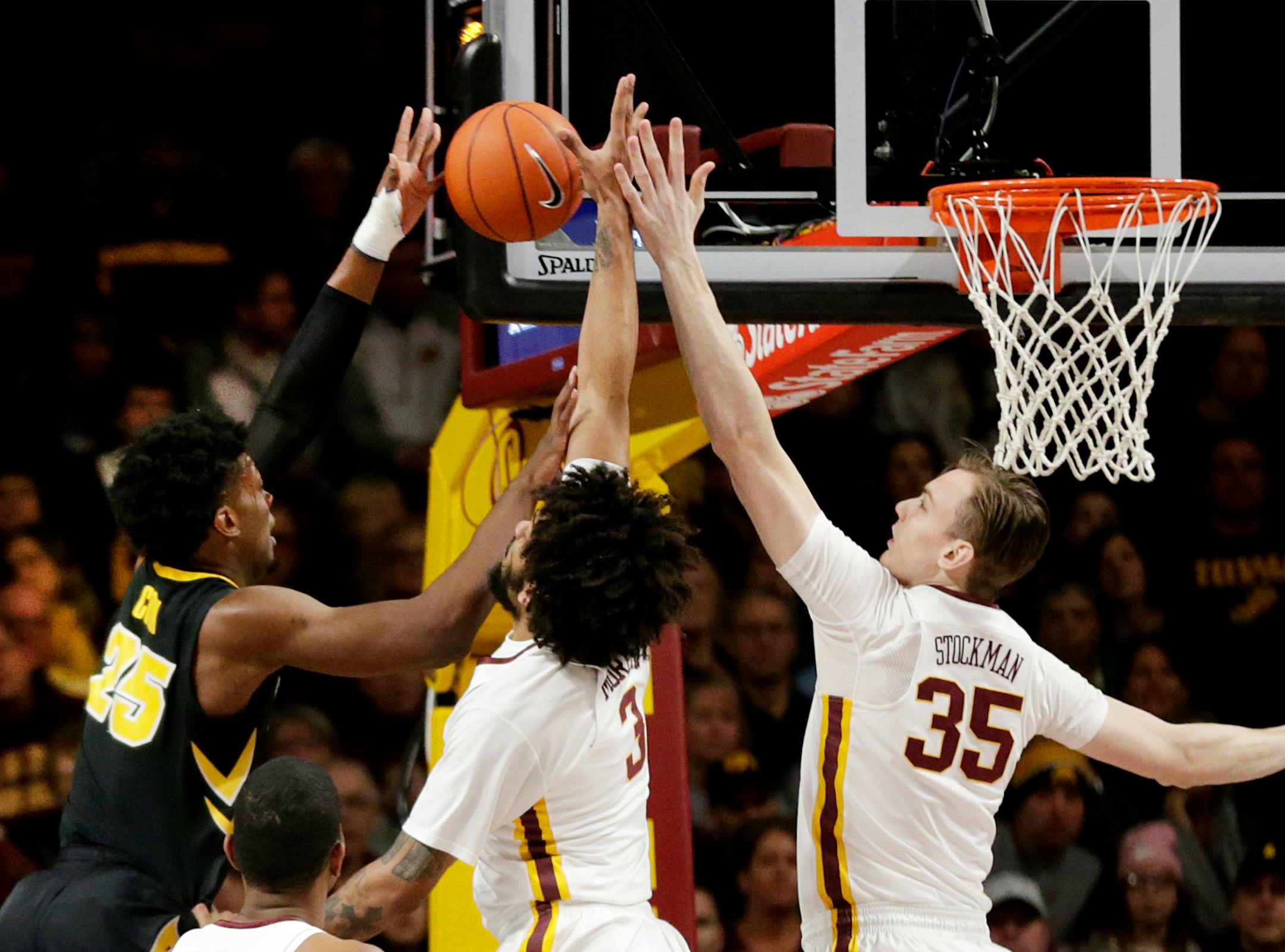 With Daniel Oturu unavailable because of an injury, center Matz Stockman (35) provided valuable minutes off the bench in the Gophers' 92-87 victory over No. 19 Iowa on Sunday.