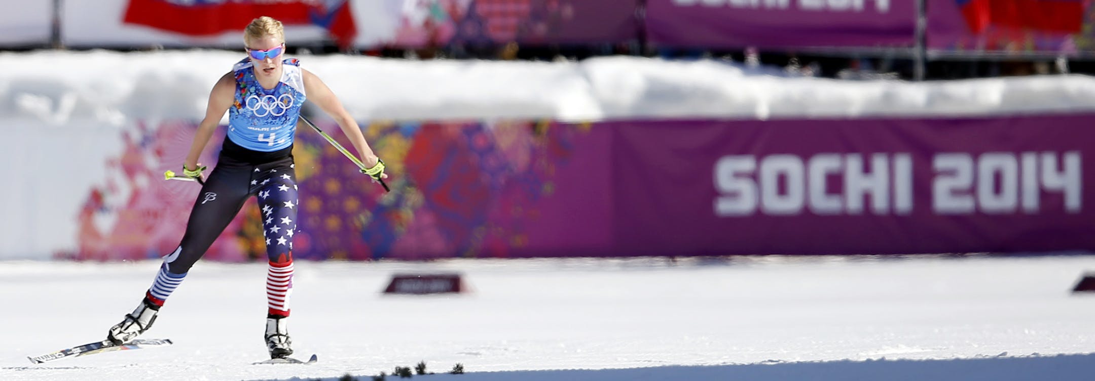 Jessie Diggins of Afton, Minn. approached the finish line in the Women's 4 x 5km Relay on Saturday at the Laura Cross-country Ski and Biathlon Center. The United States team of Kikkan Randall (Anchorage, Alaska), Sadie Bjornsen (Winthrop, Wash.), Liz Stephen (East Montpelier, Vt.) and Jessica Diggins (Afton, Minn.) placed ninth in the women's 4x5km relay at the Laura Cross-Country Ski and Biathlon Center in Sochi's Mountain Cluster Saturday afternoon. Their time of 55:33.4 was 2:30.7 behind the