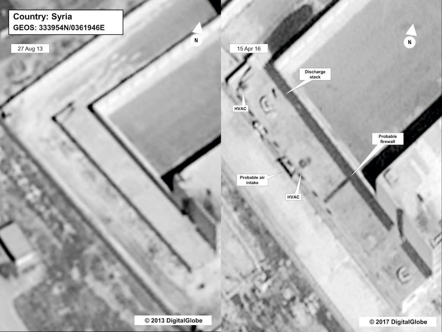 This image provided by the State Department and DigitalGlobe, taken Aug.18, 2013, a satellite image of what the State Department described as a building in a prison complex in Syria that was modified to support a crematorium. The Trump administration accused the Syrian government of carrying out mass killings of thousands of prisoners and burning the dead bodies in a large crematorium outside the capital. It also stepped up criticism of Iran and Russia for supporting the Syrian government.