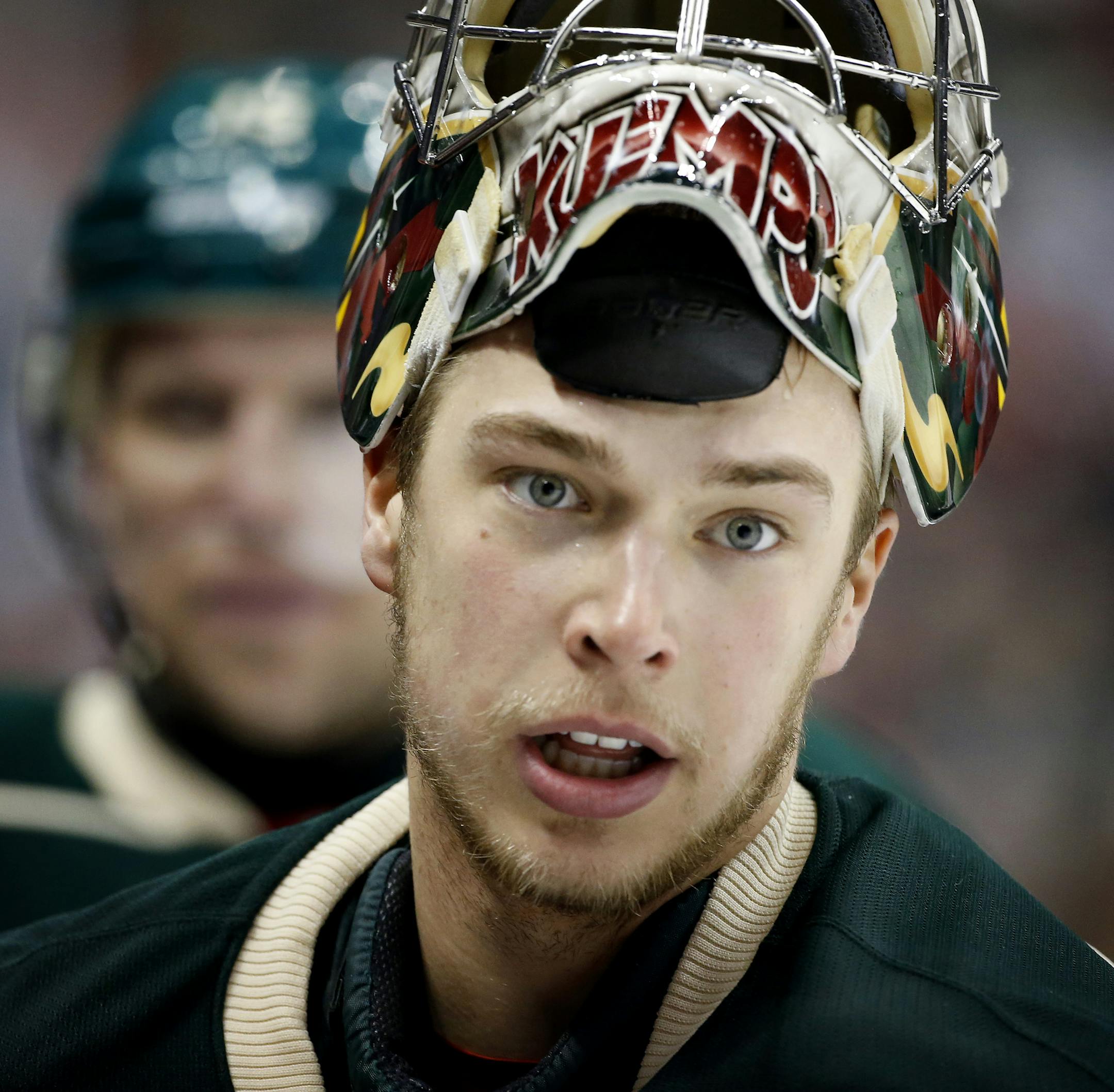 Minnesota Wild goalie Darcy Kuemper (35) during a timeout in the second period. ] CARLOS GONZALEZ cgonzalez@startribune.com - April 21, 2014, St. Paul, Minn., Xcel Energy Center, NHL, Minnesota Wild vs. Colorado Avalanche, Stanley Cup Playoffs round 1, Game 3