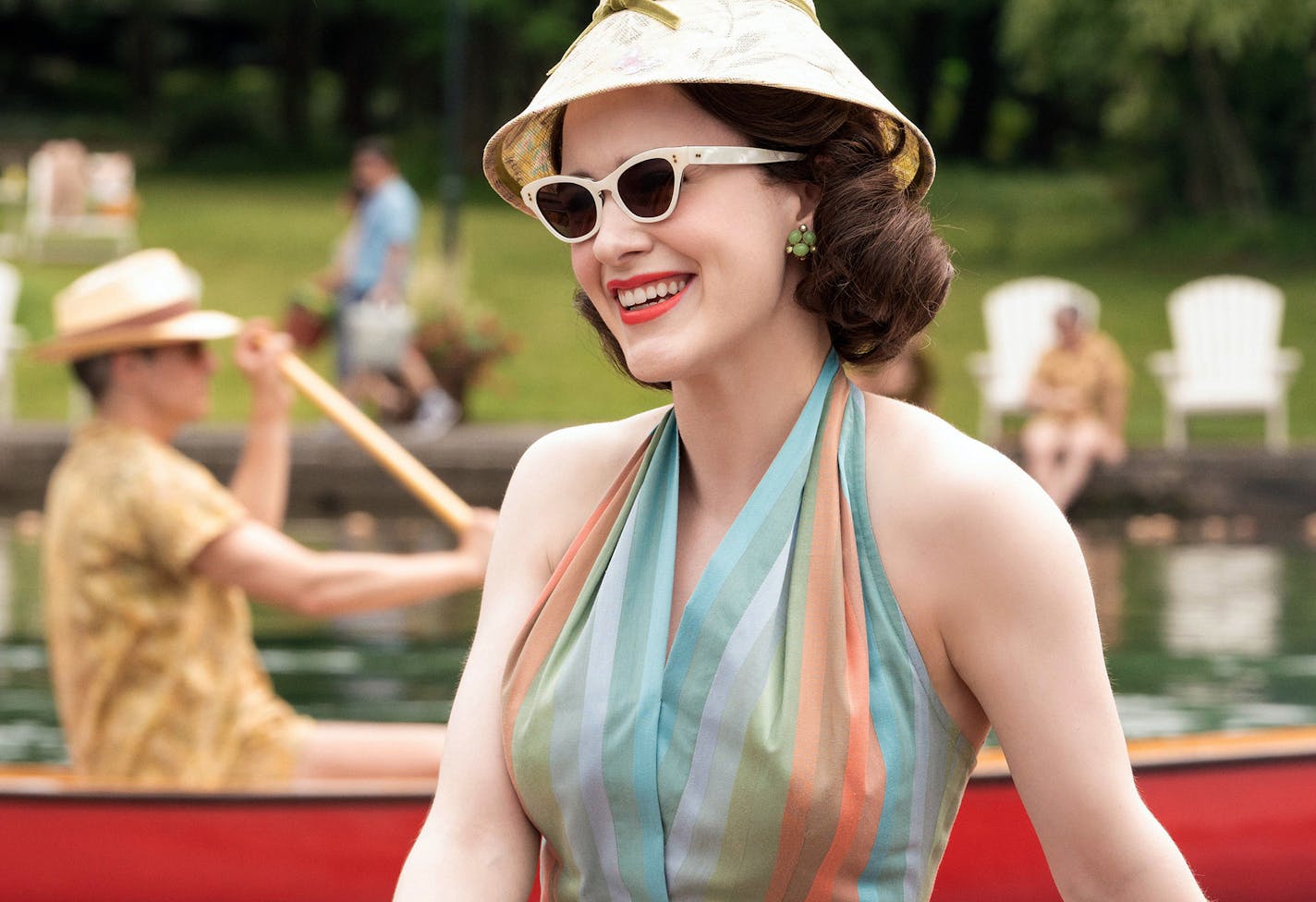 This image released by Amazon shows Rachel Brosnahan in a scene from "The Marvelous Mrs. Maisel." The Paley Center for Media said Thursday, March 7, 2019, it is launching on-demand streaming of its programs, including conversations with the casts and makers of new and old series. Featured series include "The Marvelous Mrs. Maisel," "Grace and Frankie" and "RuPaul's Drag Race," among others. (Nicole Rivelli/Amazon via AP)