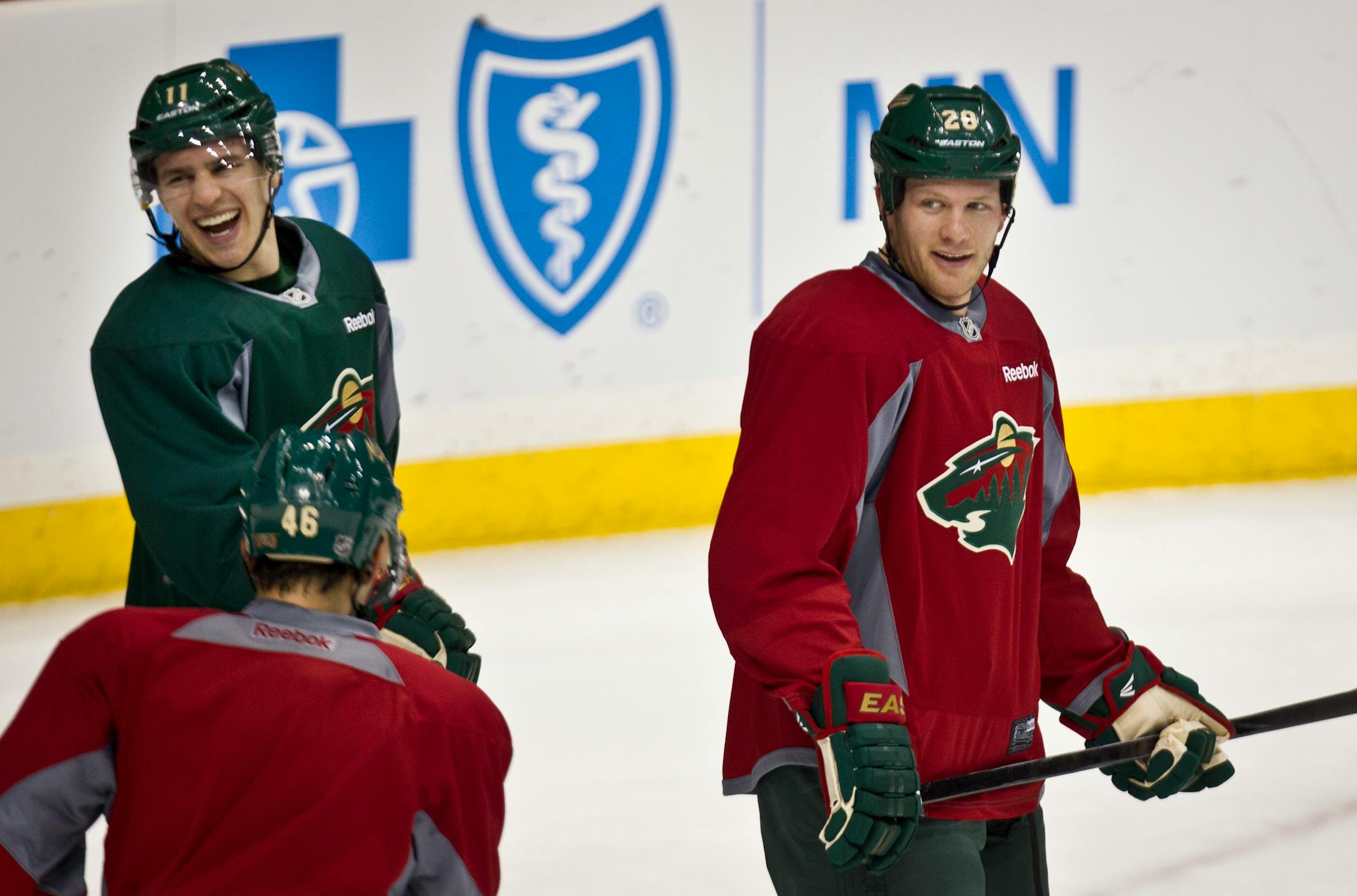 Zach Parise (11) and Ryan Suter (20) during Wild hockey practice on January 18, 2013, in St. Paul, Minn. ] (RENEE JONES SCHNEIDER reneejones@startribune.com)
