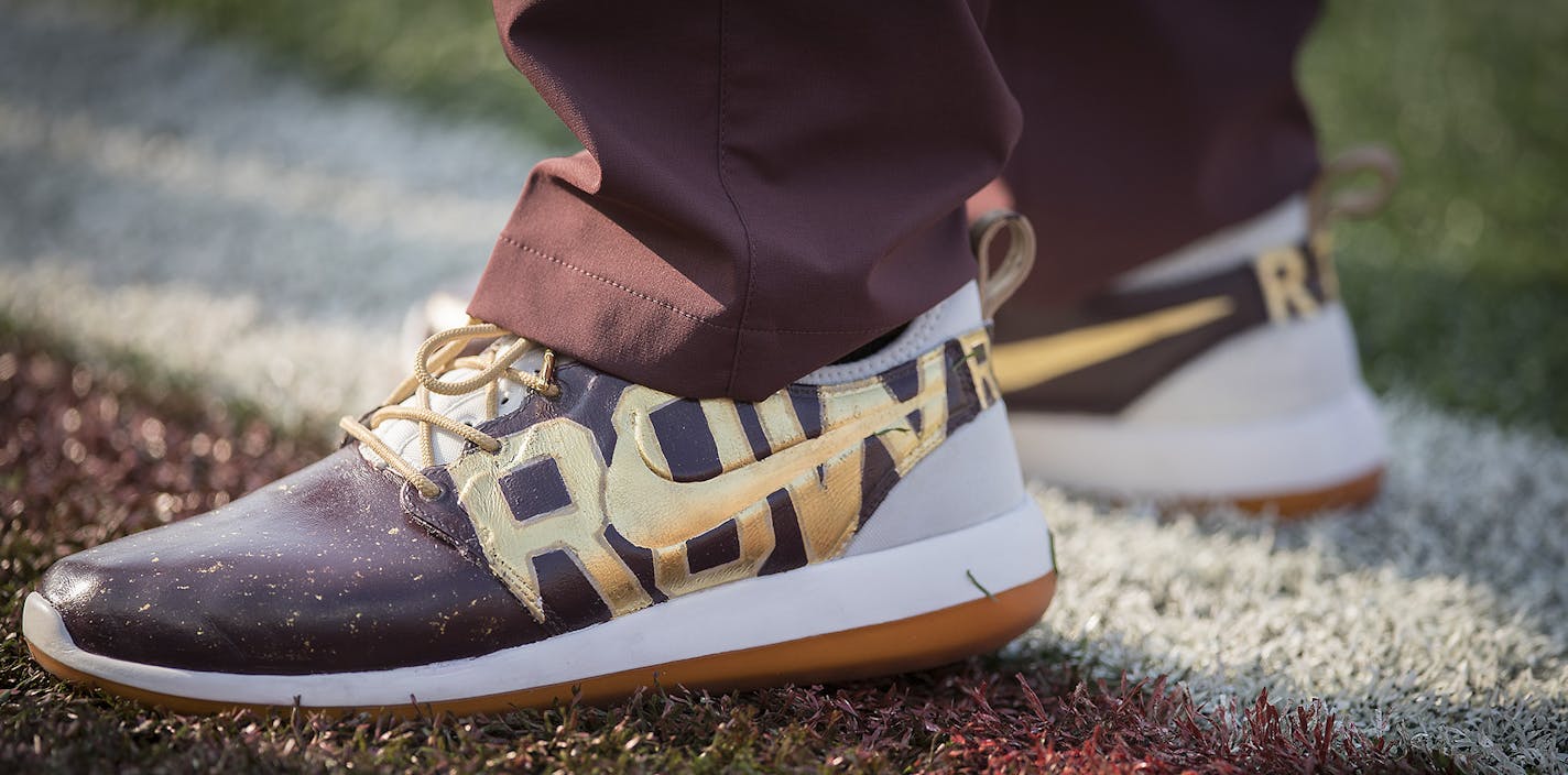 Minnesota Head Coach P.J. Fleck sported his new hand-painted custom shoes on the field before the Gophers took on the Buffalo Bulls at TCF Bank Stadium, Thursday, August 31, 2017 in Minneapolis, MN. ] ELIZABETH FLORES &#xef; liz.flores@startribune.com