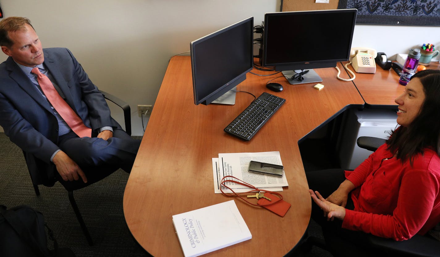 Professor Jillian Peterson, one of the creators of the new pilot program, met with Minnetonka Police Chief Scott Boerboom Wednesday, Sept. 7, 2017 in her office at Hamline University in St. Paul, Minn. ] ANTHONY SOUFFLE &#xef; anthony.souffle@startribune.com The Minnetonka Police Department is embarking on two pilot programs -- one created by two Minnesota professors and the other by the city's new community engagement officer -- that they hope become the new standard for training and help fix w