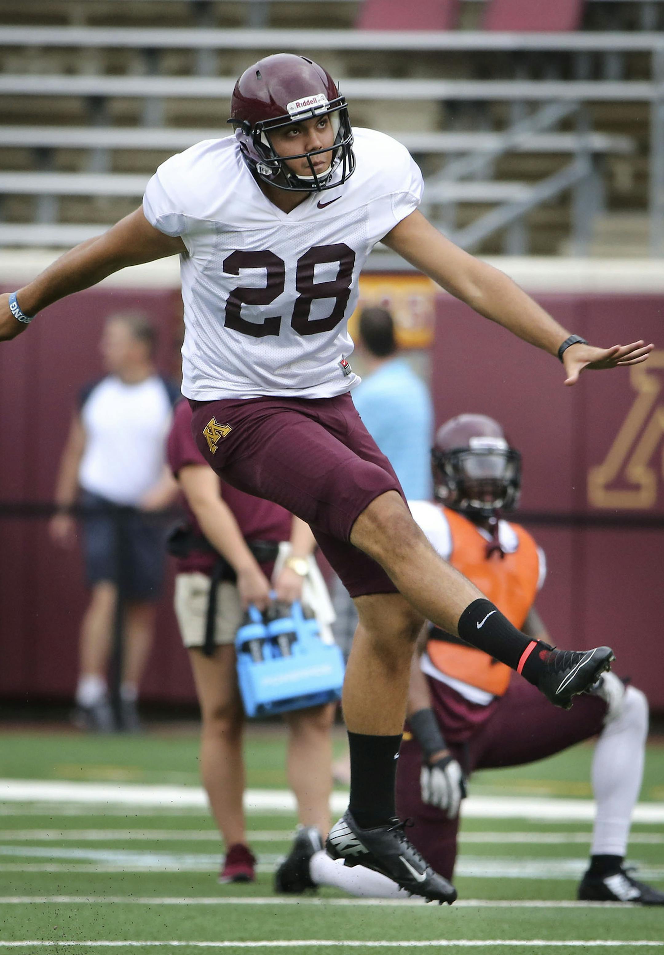 University of Minnesota kicker Ryan Santoso (28) before the start of a scrimmage Saturday, Aug. 9, 2014, at TCF Bank Stadium in Minneapolis.] (DAVID JOLES/STARTRIBUNE) djoles@startribune The Gophers football team scrimmaged Saturday, Aug. 9, 2014, at TCF Bank Stadium in Minneapolis, MN. ORG XMIT: MIN1408160904066683