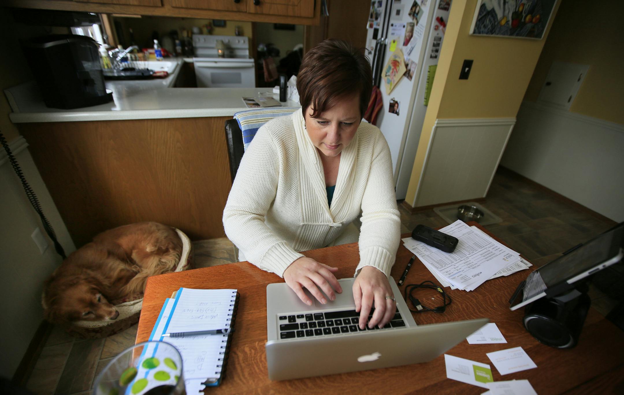 Kate Roberts, national sales manager for Soelberg Industries of Utah, works at home in New Hope, with her dog, Lady.