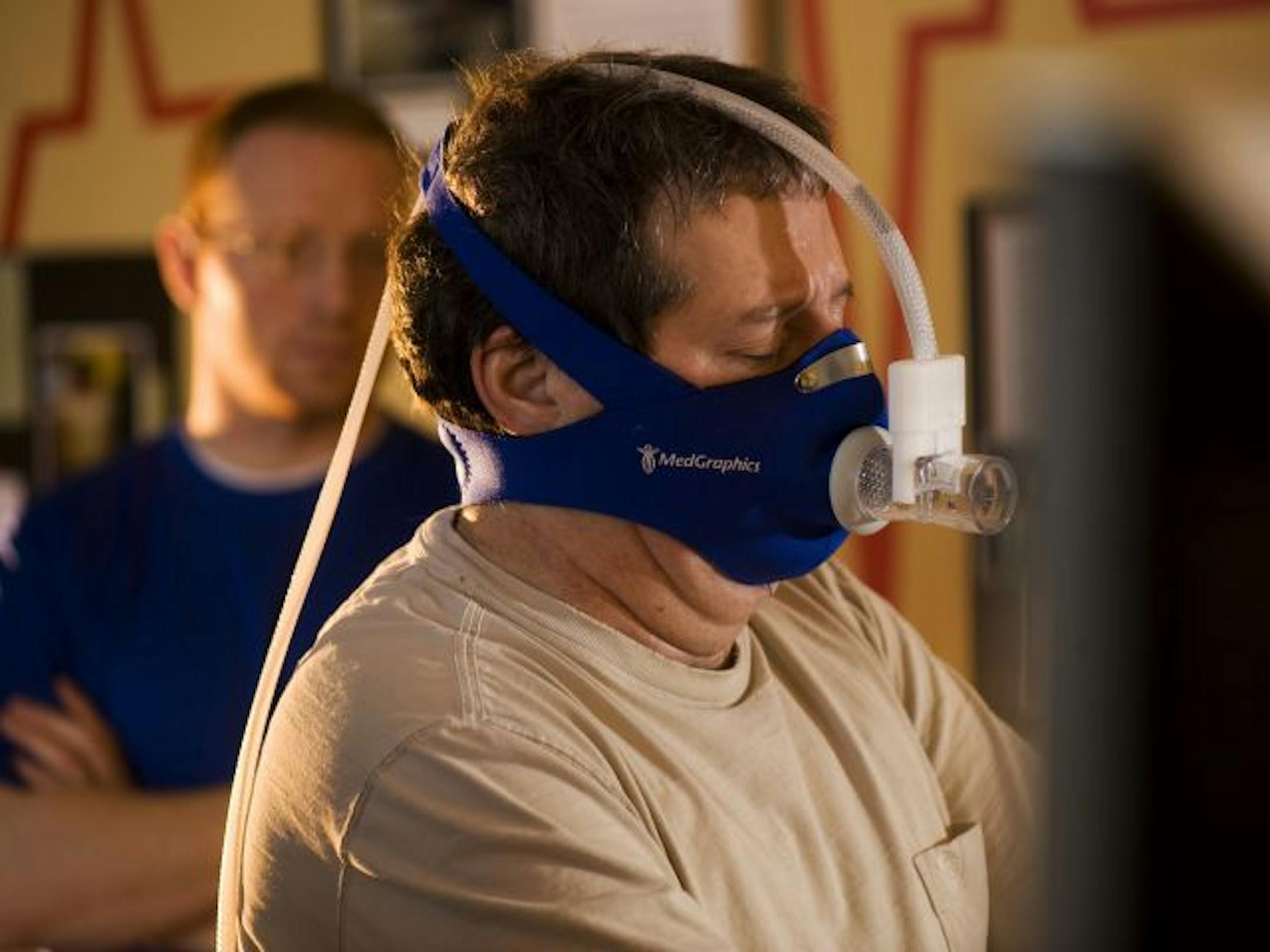While pedaling on a stationary bike, client Steve Richie nears the end of his test for maximal oxygen consumption at the Institute for Exercise Medicine and Prevention in Little Canada.