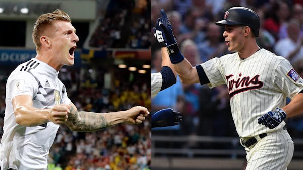 Twins right fielder Max Kepler, right, closely follows Toni Kroos, left, and his native Germany as the team plays in the World Cup.