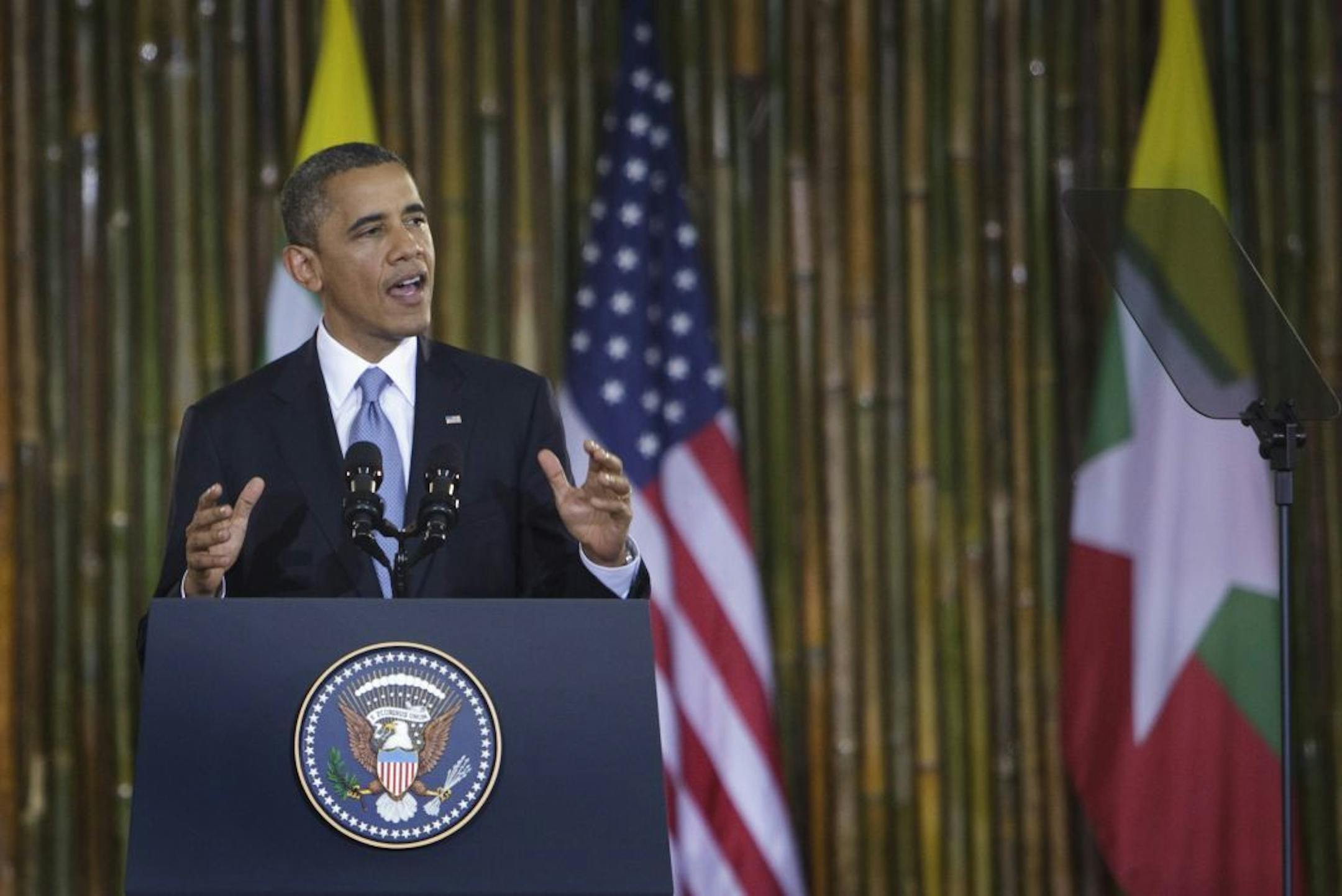 President Barack Obama speaks at University of Yangon in Yangon, Myanmar, Nov. 19, 2012. Obama arrived to Yangon Monday as the first sitting American president to visit Myanmar with the hope of solidifying the changes that have transformed this Southeast Asian country and encouraging additional progress toward a more democratic system.