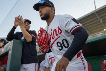 Twins outfielder Emmanuel Rodriguez runs onto the field before an exhibition game against the University of Minnesota on Feb. 23, 2024 at Hammond Stad