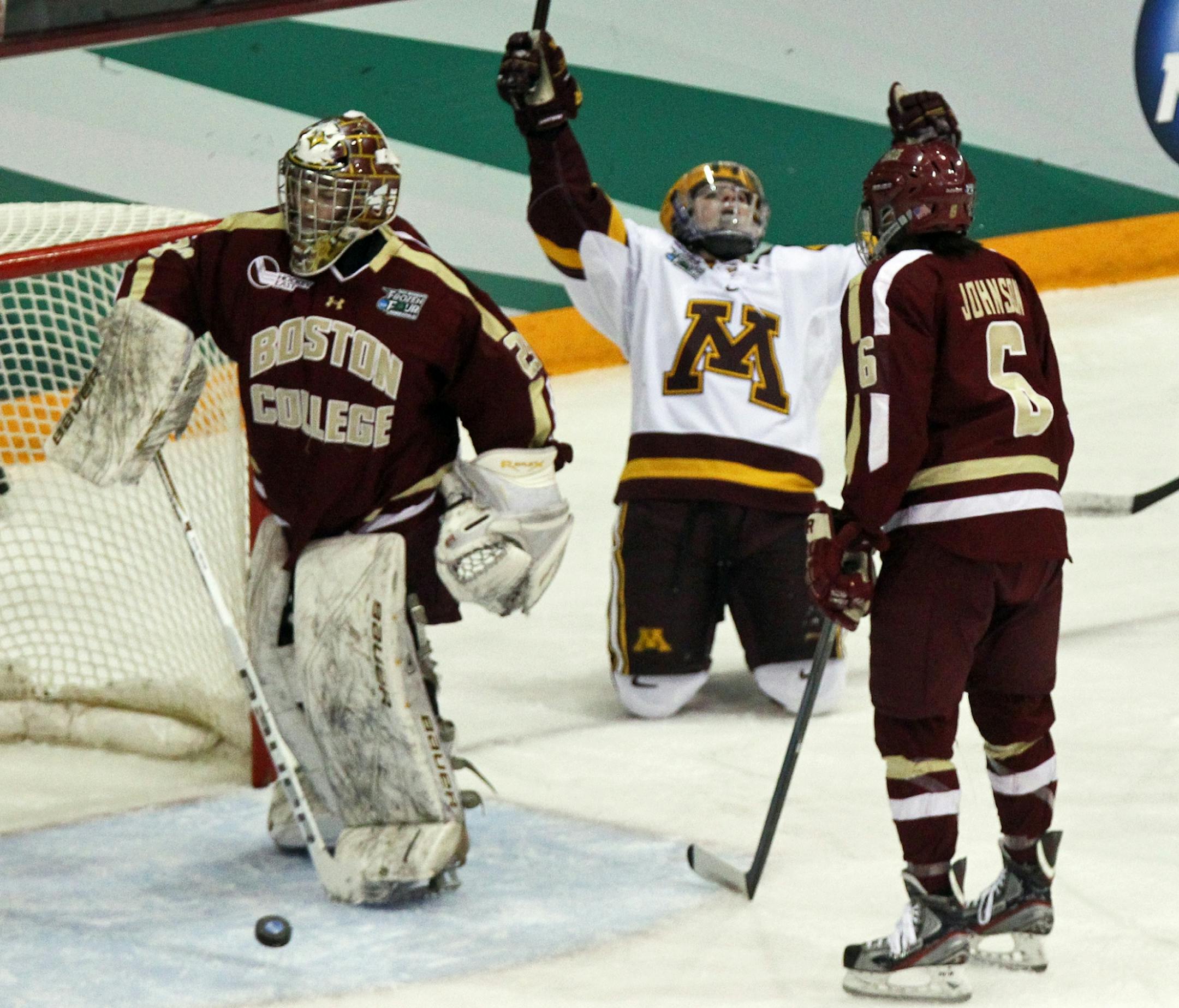 The Gophers' Becky Kortum celebrated after she knocked in a goal in 3rd period action.