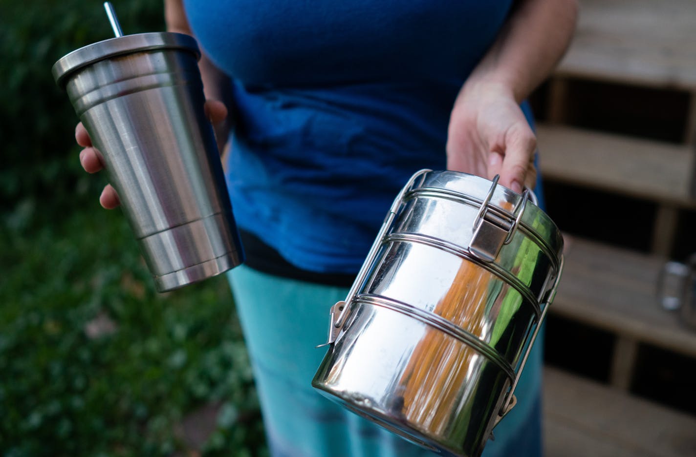 Kristin Becker displays one of the metal to-go kits her family brings to restaurants to avoid styrofoam waste. ] MARK VANCLEAVE &#x2022; mark.vancleave@startribune.com * St. Paul resident Kristin Becker and her family are "zero wasters" who reduce, reuse, recycle or compost nearly all their waste. They say the city's new residential waste program is an unnecessary expense for families like hers. Photographed Thursday, Oct. 18, 2018.