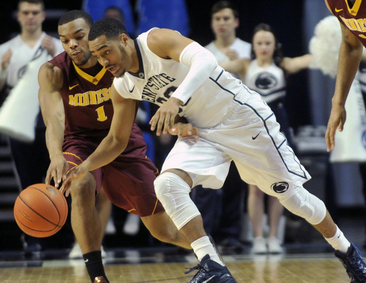 Penn State's Shep Garner steals the ball from Minnesota's Andre Hollins during an NCAA college basketball game, Wednesday, Jan. 28, 2015 in State College, Pa. (AP Photo/Centre Daily Times, Christopher Weddle) MANDATORY CREDIT; MAGS OUT